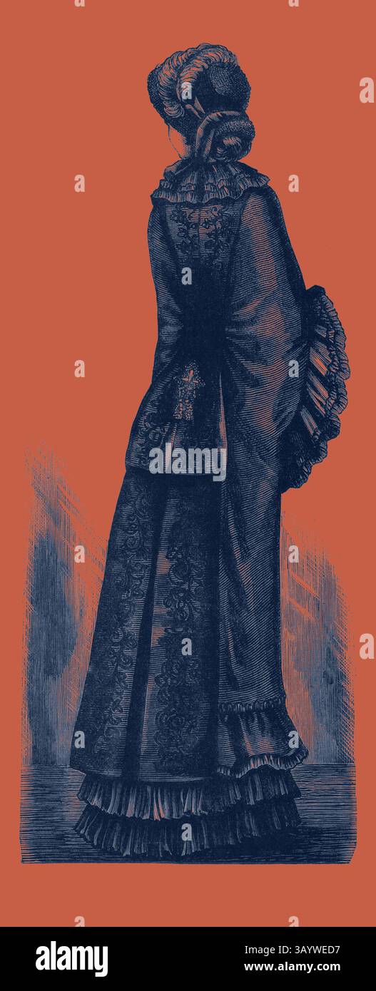 Una donna si staglia elegantemente, con la schiena girata, sfoggiando un abito vintage dettagliato con motivi intricati e dettagli voluminosi, che incarna lo stile di un'epoca passata. Lungo mantello invernale, Moda, incisione 1882 Arte classica con un tocco moderno reinventata da Artotop Foto Stock