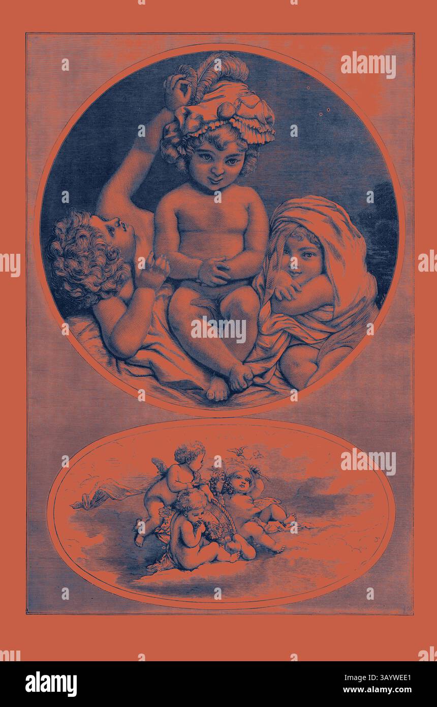 Una scena affascinante raffigurante tre bambini cherubici, uno decorato con una corona floreale, mentre gli altri si impegnano amorevolmente con lui, su uno sfondo contrastante. Sotto di loro, una giocosa vignetta presenta cherubini raccolti intorno a una composizione floreale, che evocano un senso di innocenza e gioia. The Infant Academy, incisione 1882 Arte classica con un tocco moderno reinventata da Artotop Foto Stock