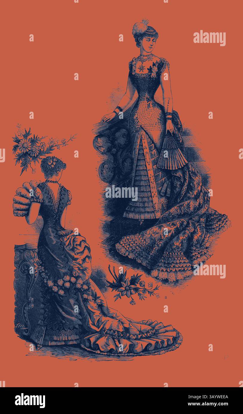 Un'elegante esposizione di moda vintage, con due abiti dal design intricato con dettagli e accessori elaborati, che mettono in mostra la maestria artigianale di un'epoca passata. Bagni serali per cene e palle, Moda, incisione 1882 Arte classica con un tocco moderno reinventata da Artotop Foto Stock Un'elegante esposizione di moda vintage, con due abiti dal design intricato con dettagli e accessori elaborati, che mettono in mostra la maestria artigianale di un'epoca passata. Bagni serali per cene e palle, Moda, incisione 1882 Arte classica con un tocco moderno reinventata da Artotop Foto Stock