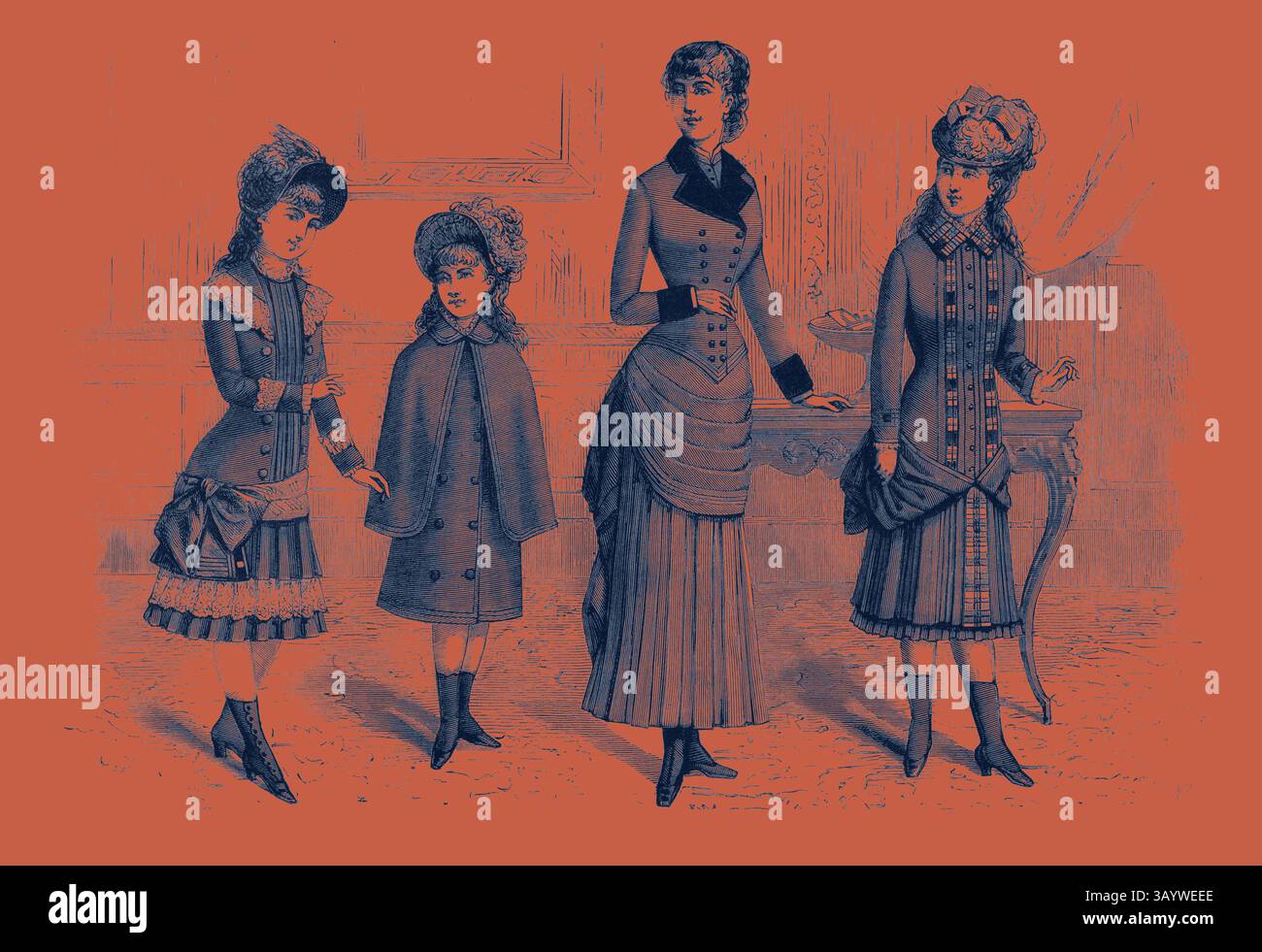 Un gruppo di donne e ragazze elegantemente vestite mette in mostra la moda di un'epoca passata, con dettagli intricati e accessori eleganti che riflettono il loro stato sociale e le tendenze del periodo. Costumi invernali - bambina/ragazza, Moda, incisione 1882 Arte classica con un tocco moderno reinventata da Artotop Foto Stock