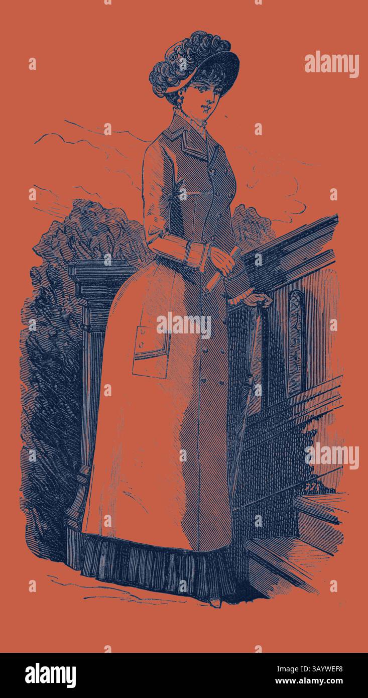 Una donna con un elegante abito storico si erge su una scala, reggendo un bastone e guardando attentamente in lontananza, incarnando la grazia e lo stile di un'epoca passata. Cappotto impermeabile, Moda, incisione 1882 Arte classica con un tocco moderno reinterpretato da Artotop Foto Stock