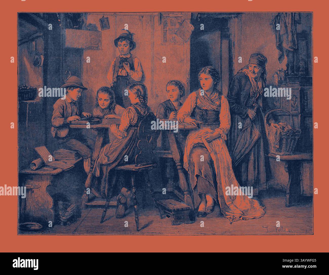 Un gruppo di donne e bambini sono riuniti intorno a un tavolo, impegnati in varie attività, mentre una donna si trova nelle vicinanze, osservando. La scena cattura un momento di vita domestica, evidenziando l'interazione e i ruoli all'interno di uno spazio comune. Lettore zither, musica, incisione 1879 Arte classica con un tocco moderno reinventata da Artotop Foto Stock