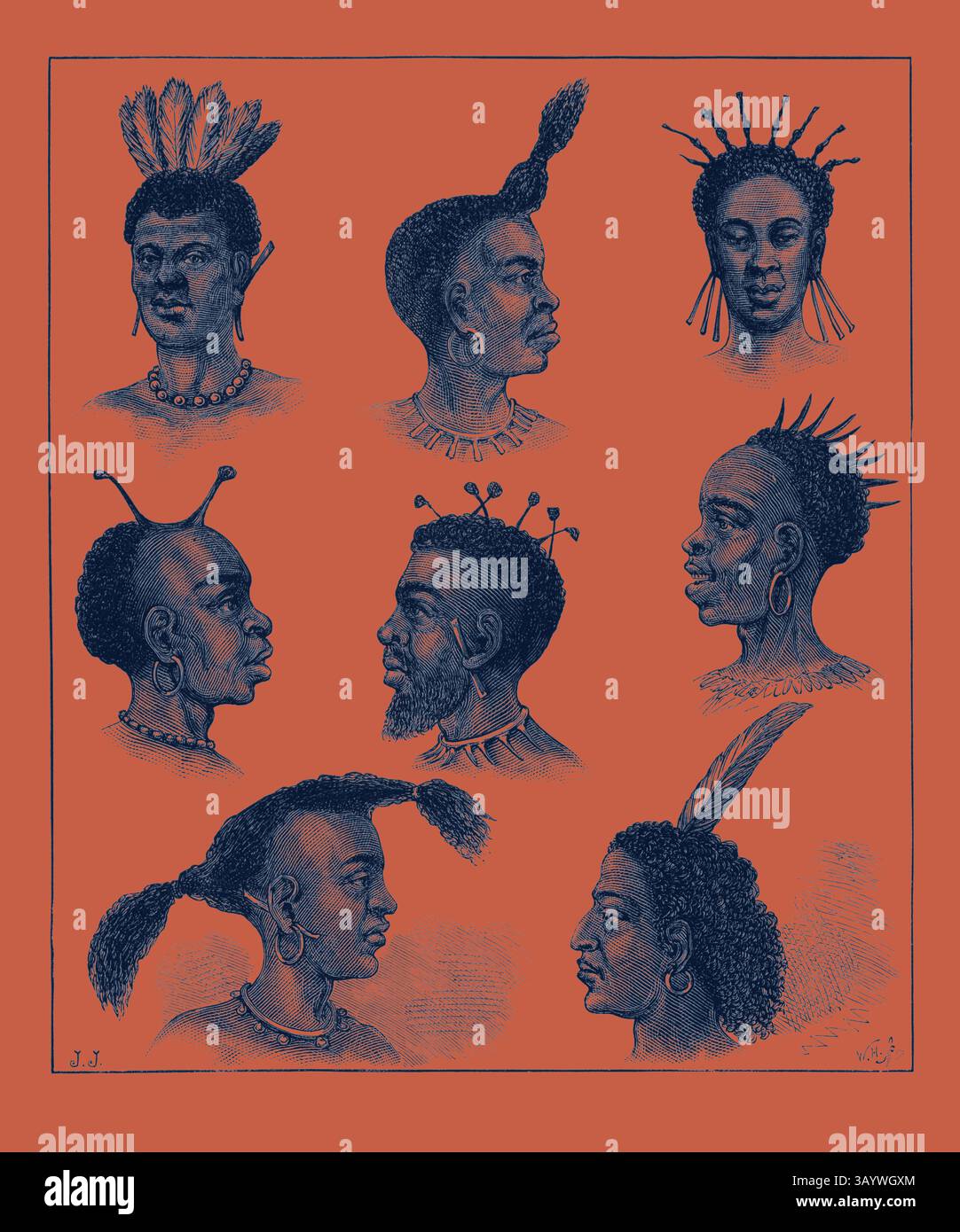 Una gamma artistica di persone diverse che mostrano acconciature e ornamenti culturali unici, ognuno con caratteristiche ed espressioni distintive che mettono in risalto l'individualità e il patrimonio culturale. Nativi di Ugogo, Africa centro-orientale arte classica con un tocco moderno reinventata da Artotop Foto Stock