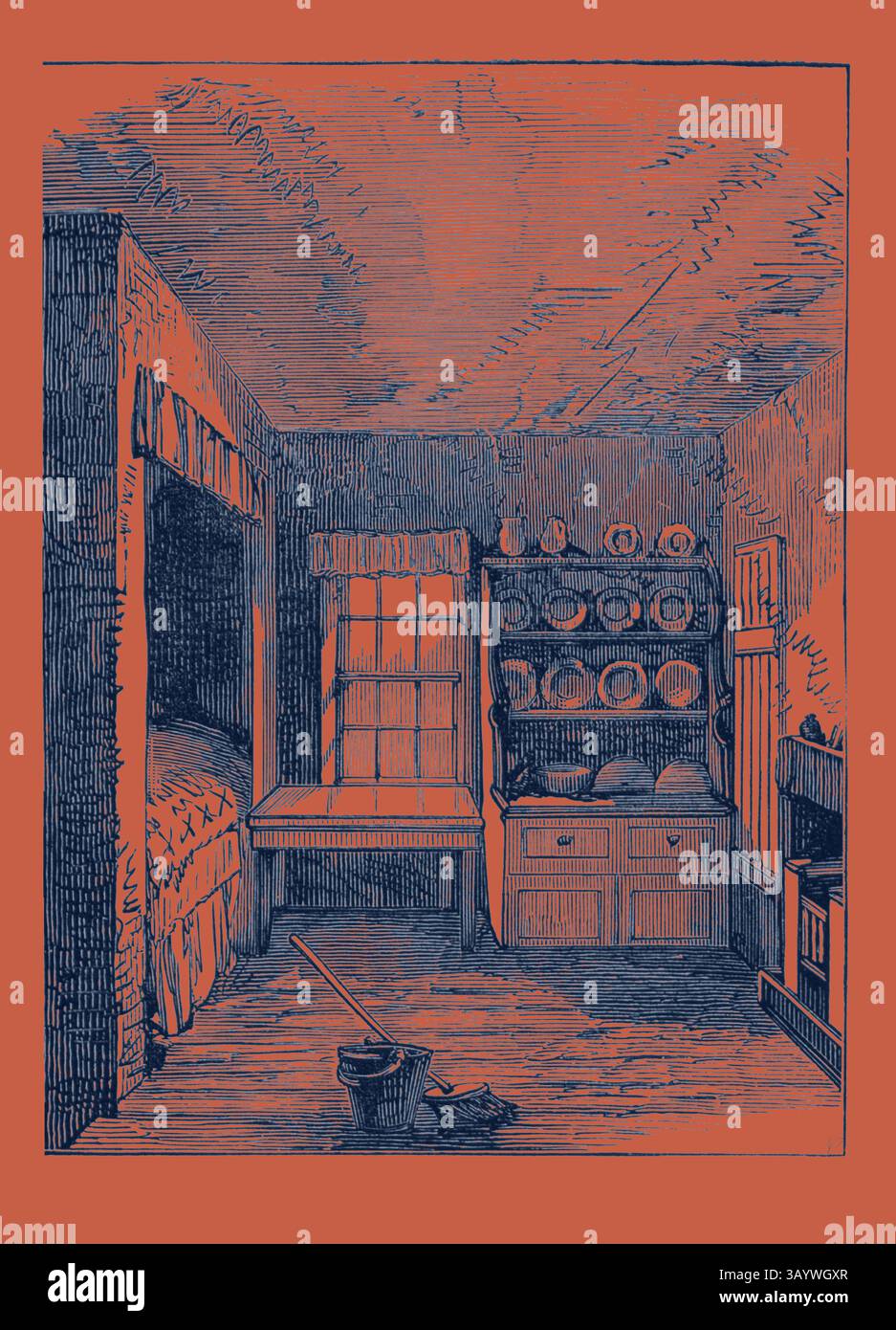 Un intimo e vintage interno di una camera con un letto, un tavolino vicino alla finestra e un armadio rustico con piatti, completato da pavimento in legno e una scopa per le pulizie in primo piano. The Room in cui è nato Livingstone, Blantyre, arte classica britannica con un tocco moderno reinventata da Artotop Foto Stock