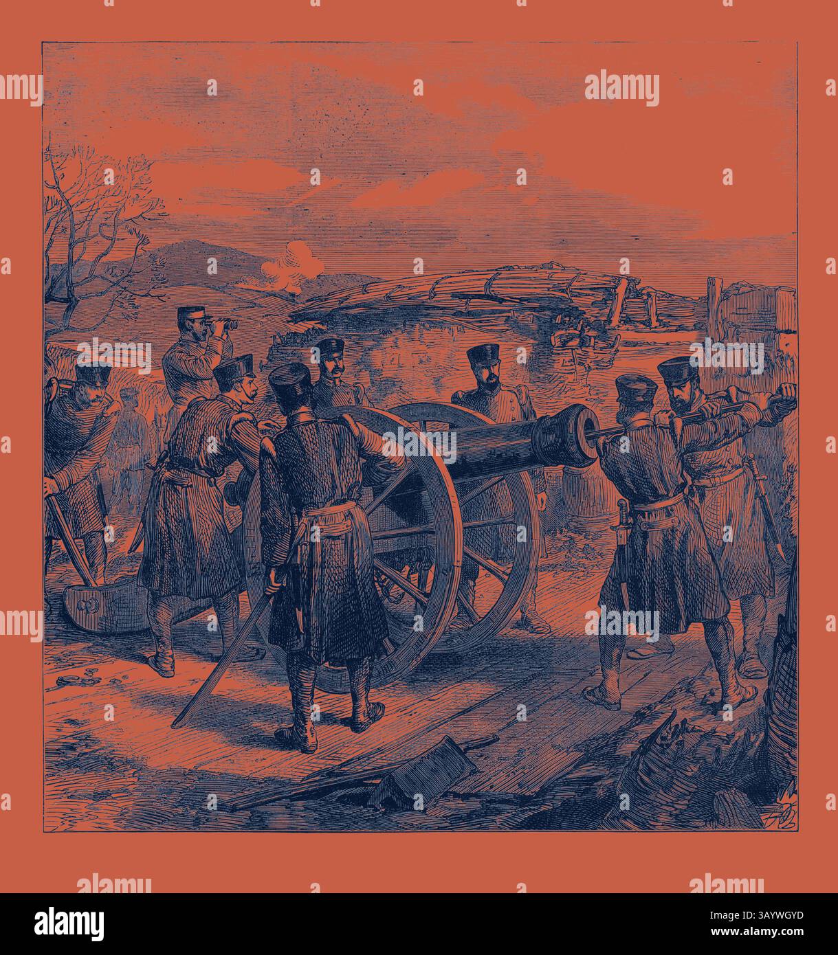 Un gruppo di soldati gestisce un cannone, pronto all'azione su uno sfondo di fortificazioni e fumosità a distanza, che illustra l'intensità di un campo di battaglia storico. La guerra in Spagna: Uno schizzo nella batteria di San Lorenzo, vicino a Bilbao arte classica con un tocco moderno reinventata da Artotop Foto Stock