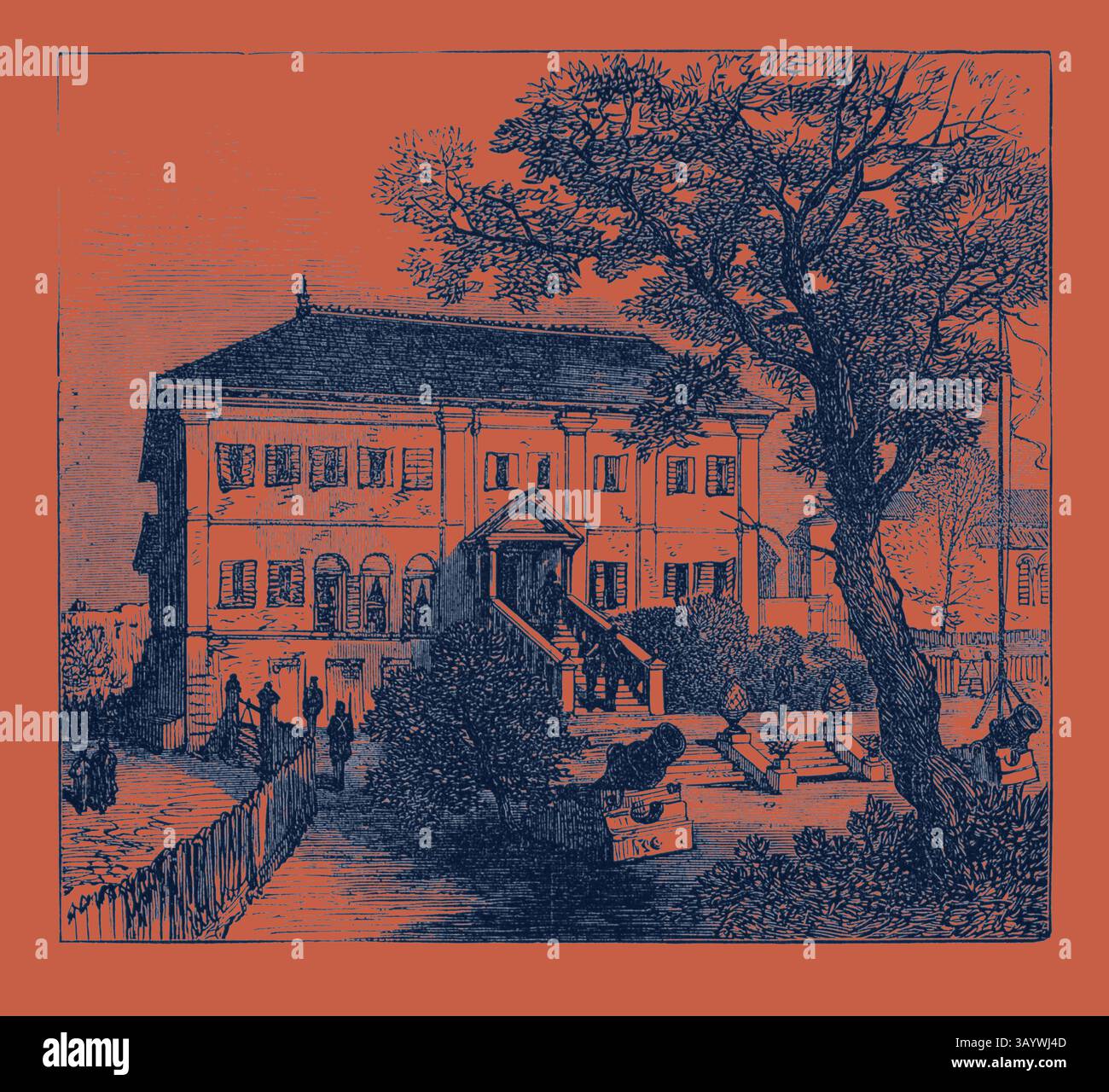 Un edificio storico con una grande entrata e' circondato da alberi e giardini ben tenuti. Le persone possono essere viste camminare lungo un sentiero, mentre sculture ed elementi decorativi aggiungono fascino all'ambiente. Government House, arte classica di Cape Coast con un tocco moderno reinventata da Artotop Foto Stock