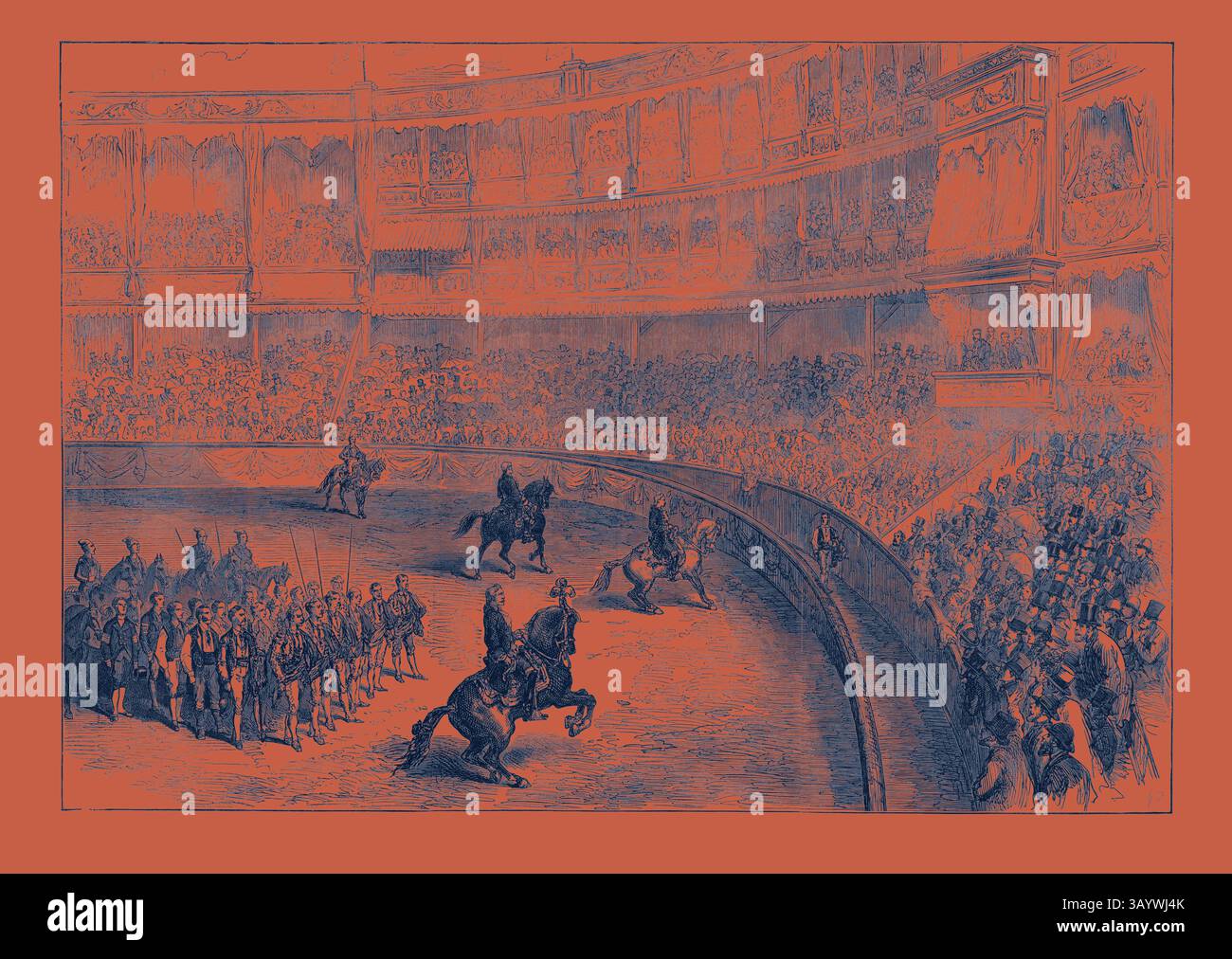 Una grande esibizione equestre si svolge in un'arena ornata, con piloti esperti che mostrano il loro talento di fronte a una folla impaziente. Gli spettatori riempiono i posti a sedere, affascinati dalla mostra di equitazione e dall'impressionante disposizione del locale. A Bull Fight at Lisbon: The Performers saluta il pubblico, arte classica portoghese con un tocco moderno reinventata da Artotop Foto Stock Una grande esibizione equestre si svolge in un'arena ornata, con piloti esperti che mostrano il loro talento di fronte a una folla impaziente. Gli spettatori riempiono i posti a sedere, affascinati dalla mostra di equitazione e dall'impressionante disposizione del locale. A Bull Fight at Lisbon: The Performers saluta il pubblico, arte classica portoghese con un tocco moderno reinventata da Artotop Foto Stock