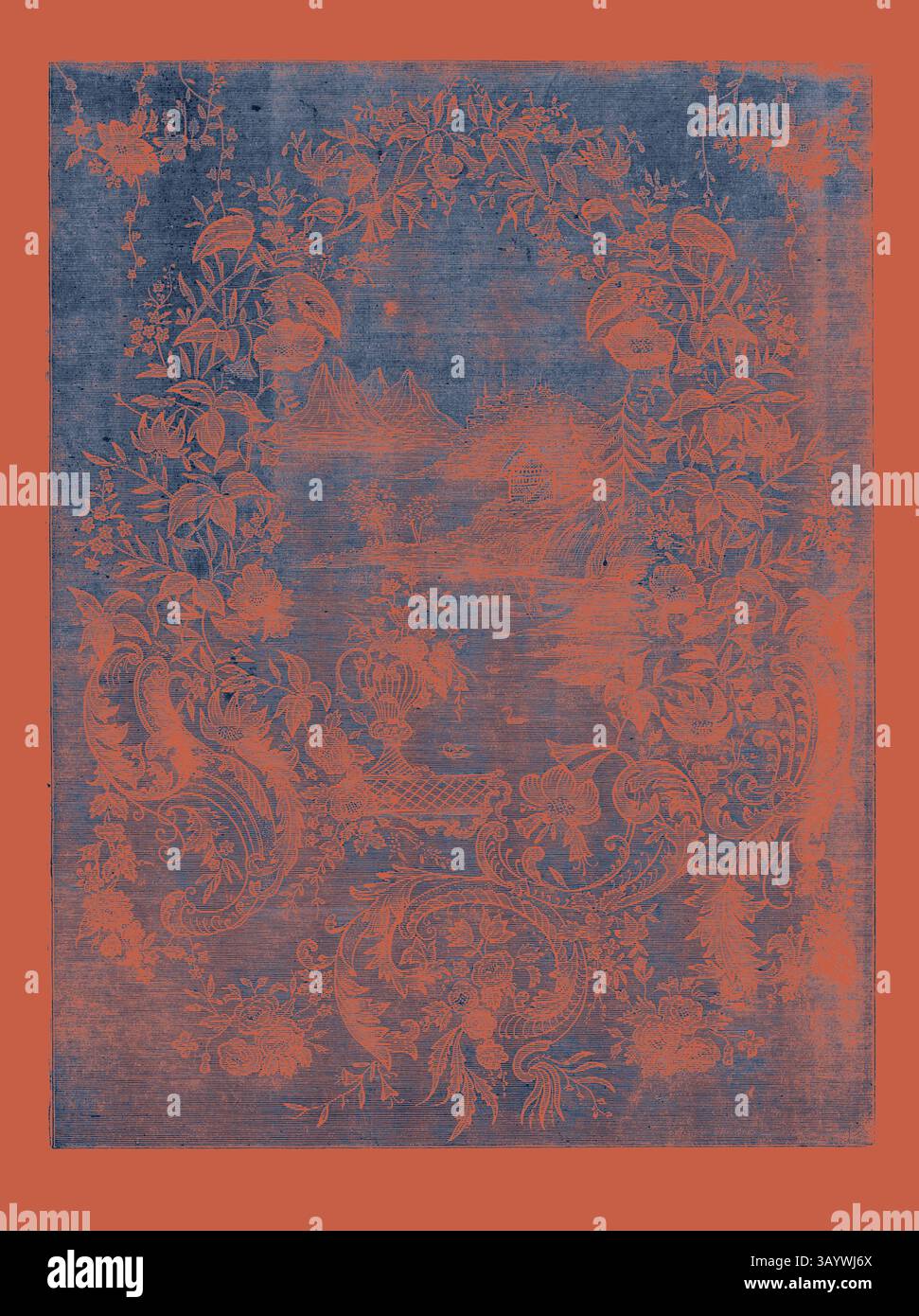 Un intricato design floreale e paesaggistico caratterizzato da motivi elaborati, circondato da un bordo decorativo che ne esalta l'eleganza artistica. La composizione combina natura ed elementi ornamentali, creando un'esperienza visiva armoniosa. Muslin Curtain arte classica con un tocco moderno reinventata da Artotop Foto Stock