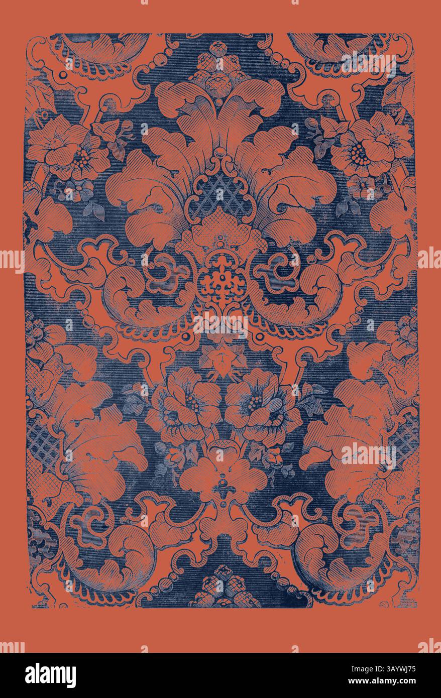 Un ricco arazzo di motivi floreali ornati e intricati lavori di scorrimento, caratterizzato da tonalità vibranti che si contrastano perfettamente con lo sfondo profondo, creando un design accattivante ed elegante. Arte classica damascata con un tocco moderno reinventata da Artotop Foto Stock