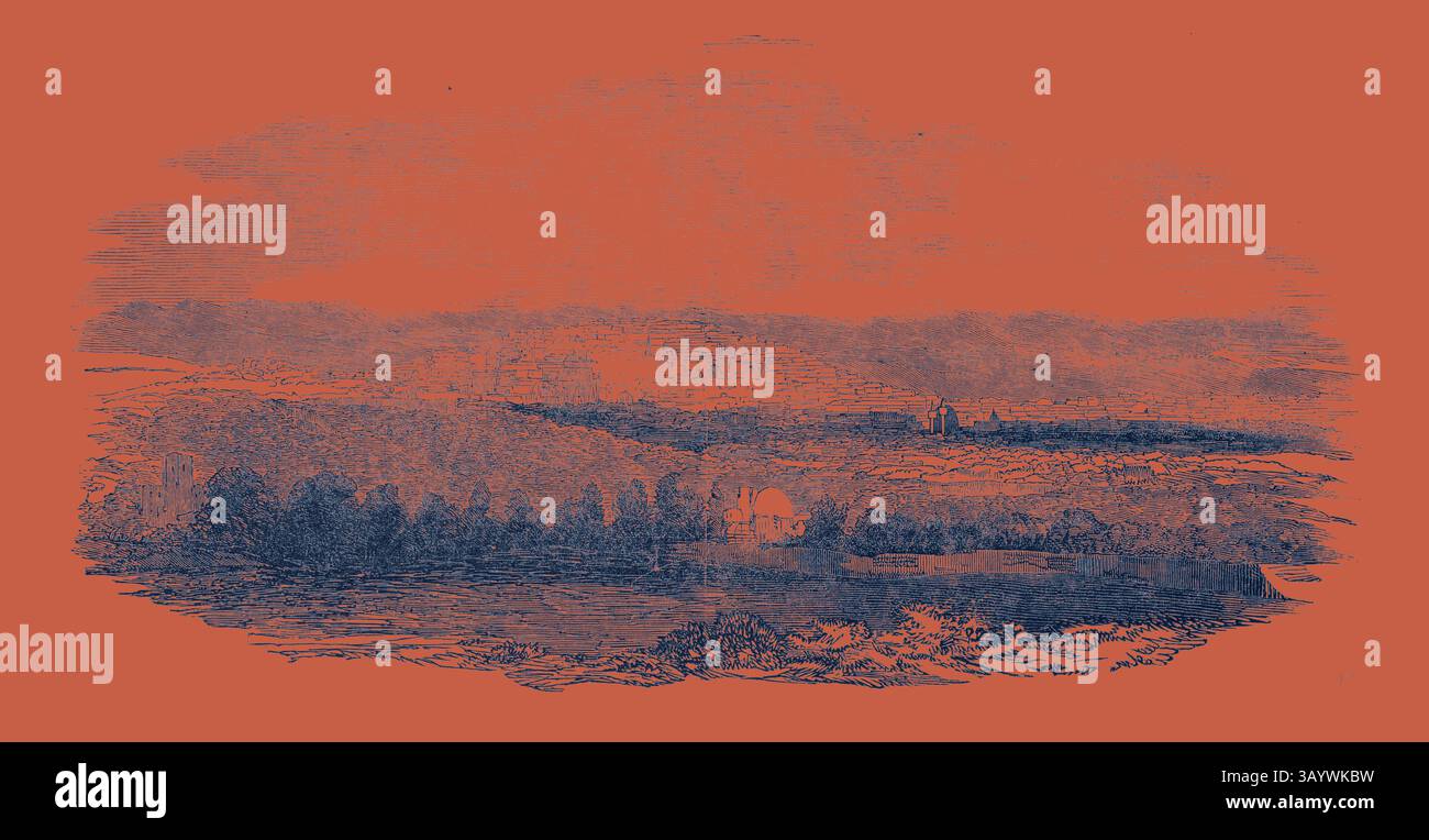 Un paesaggio sereno presenta colline ondulate e strutture lontane, con una miscela di dettagli testurizzati che evocano un senso di calma e nostalgia. La strada della Valle dell'Eufrate verso l'India: La città di Bussorah arte classica con un tocco moderno reinventata da Artotop Foto Stock