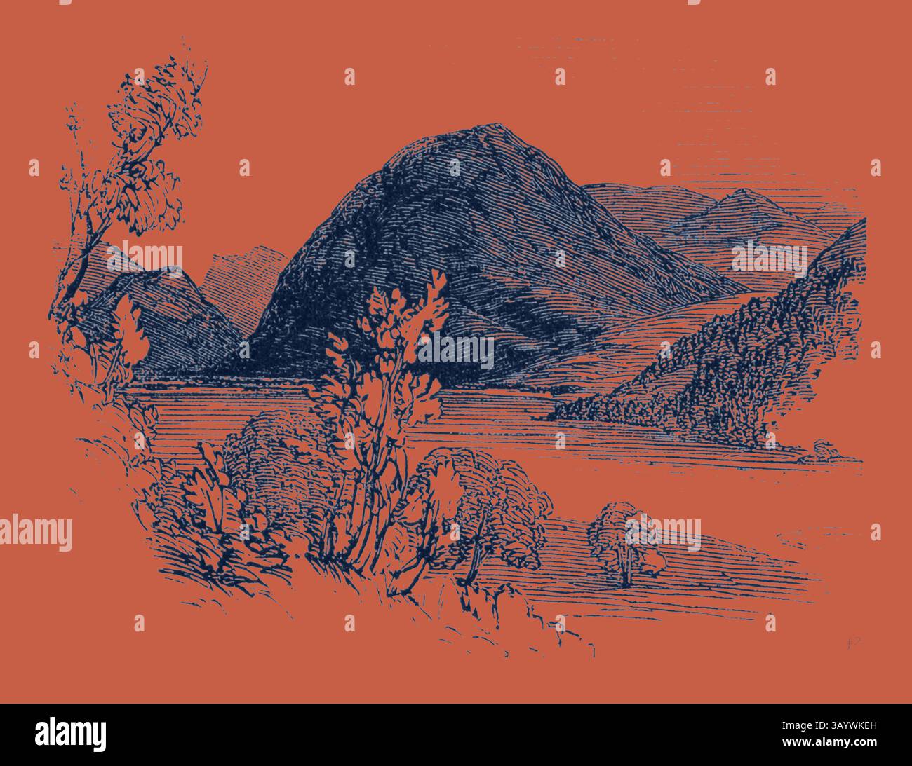 Un paesaggio sereno caratterizzato da montagne maestose sullo sfondo, colline ondulate e alberi in primo piano, il tutto reso in linee intricate su uno sfondo caldo e contrastante. Loweswater, Lake District, UK arte classica con un tocco moderno reinventata da Artotop Foto Stock