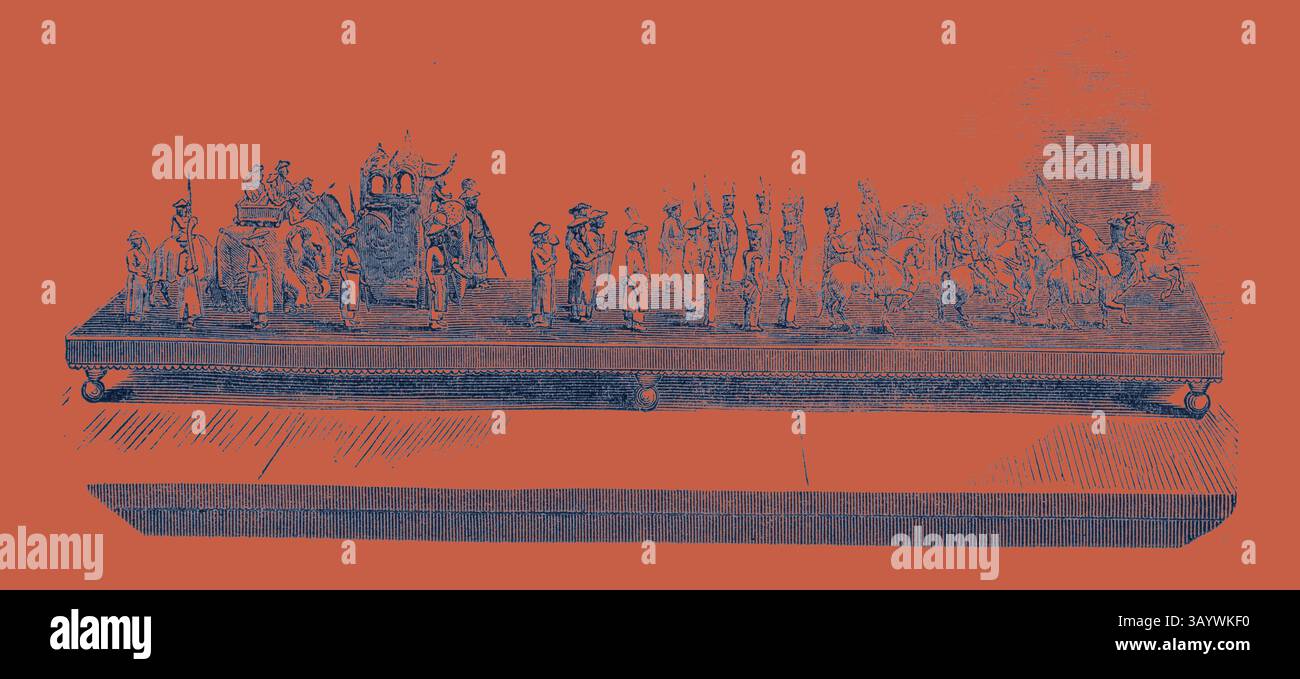 Una rappresentazione dettagliata di una scena teatrale con una varietà di figure in miniatura vestite con costumi storici, impegnate in azione su una piattaforma simile a un palco, che mostra l'arte e l'artigianato del tempo. The Great Exhibition: Intaglio d'avorio, Dipartimento delle Indie Orientali Arte classica con un tocco moderno reinventato da Artotop Foto Stock