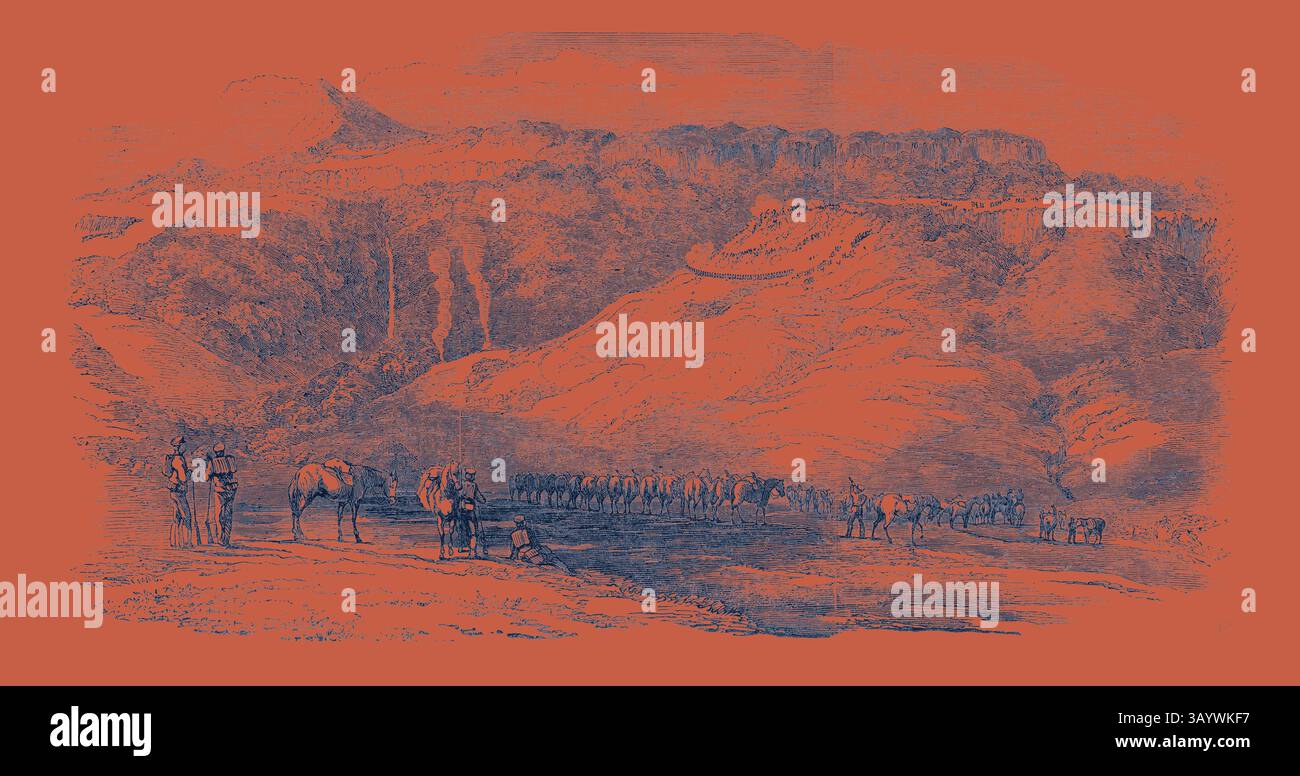 Una scena movimentata che raffigura una carovana di viaggiatori e animali che si fanno strada attraverso un paesaggio aspro, con montagne lontane e cascate che si aggiungono al suggestivo paesaggio. The Kaffir War: Dispersion of a Body of Kaffirs arte classica con un tocco moderno reinventata da Artotop Foto Stock