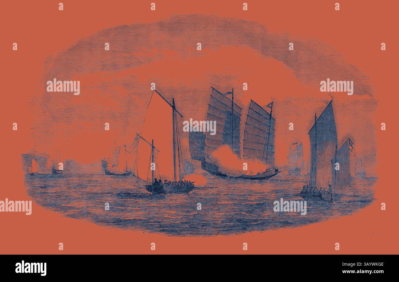 Una scena marittima con varie imbarcazioni a vela, tra cui navi tradizionali con vele volanti, che navigano attraverso acque calme. Lo sfondo suggerisce masse lontane, creando un'atmosfera serena ma dinamica sul mare. Attacco a una flotta pirata cinese da parte delle barche di H.M.S. "Cleopatra", a Bias Bay, arte classica cinese con un tocco moderno reinventato da Artotop Foto Stock