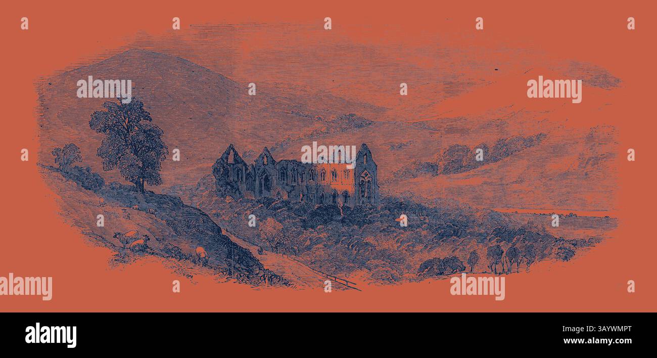 Un'antica abbazia in rovina sorge tra colline ondulate, circondate da alberi e da un paesaggio sereno, che evoca un senso di storia e mistero. South Wales and Gloucester and Dean Forest Railway: Tintern Abbey, UK Classic art con un tocco moderno reinventato da Artotop Foto Stock