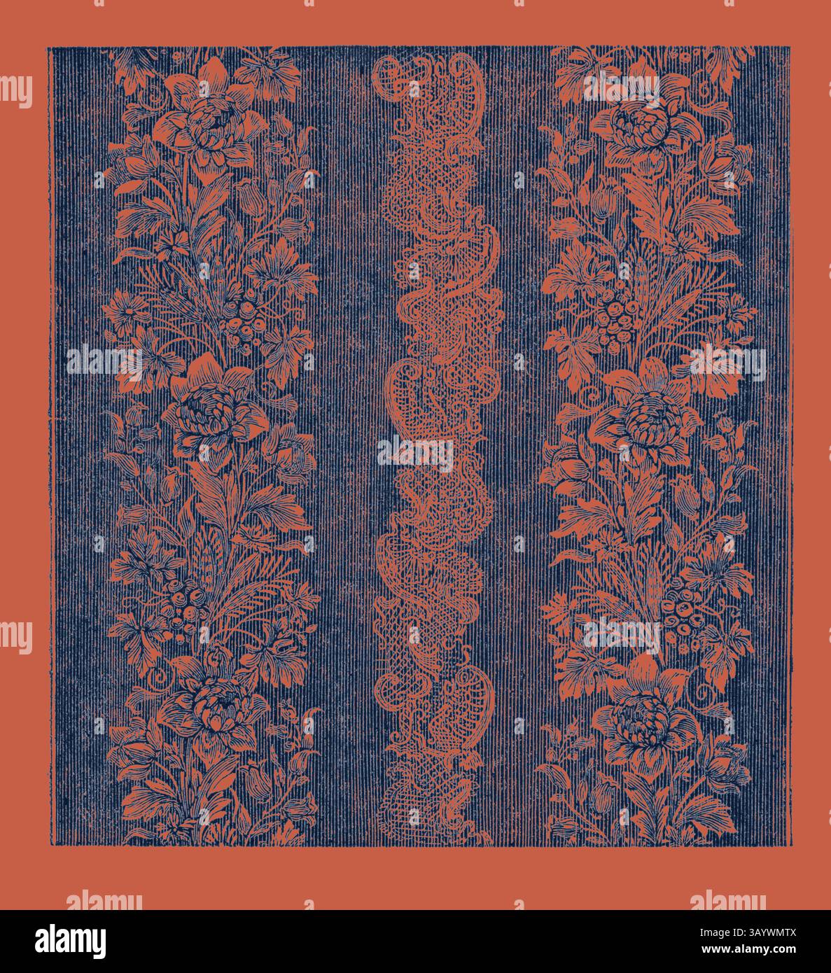 Un design intricato con motivi floreali e motivi decorativi, intrecciati in tonalità vivaci su uno sfondo a contrasto, creando un ricco arazzo visivo. Arte classica in Damasco di seta con un tocco moderno reinventata da Artotop Foto Stock