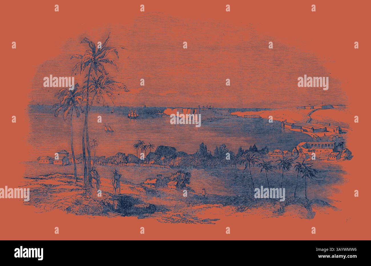 Un tranquillo paesaggio costiero caratterizzato da palme, navi lontane e un insediamento con affascinanti abitazioni, il tutto in uno sfondo contrastante che migliora la tranquillità della scena. Ingresso ad Havannah, dall'arte classica Fuerte del Principe con un tocco moderno reinventato da Artotop Foto Stock