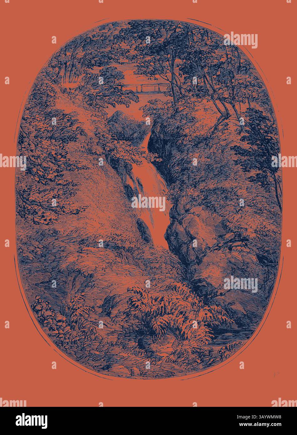 Un tranquillo paesaggio caratterizzato da una cascata circondata da vegetazione lussureggiante e rocce, incorniciata da un confine suggestivo che esalta la bellezza naturale. Aira Force, Lake District, UK Classic art con un tocco moderno reinventato da Artotop Foto Stock