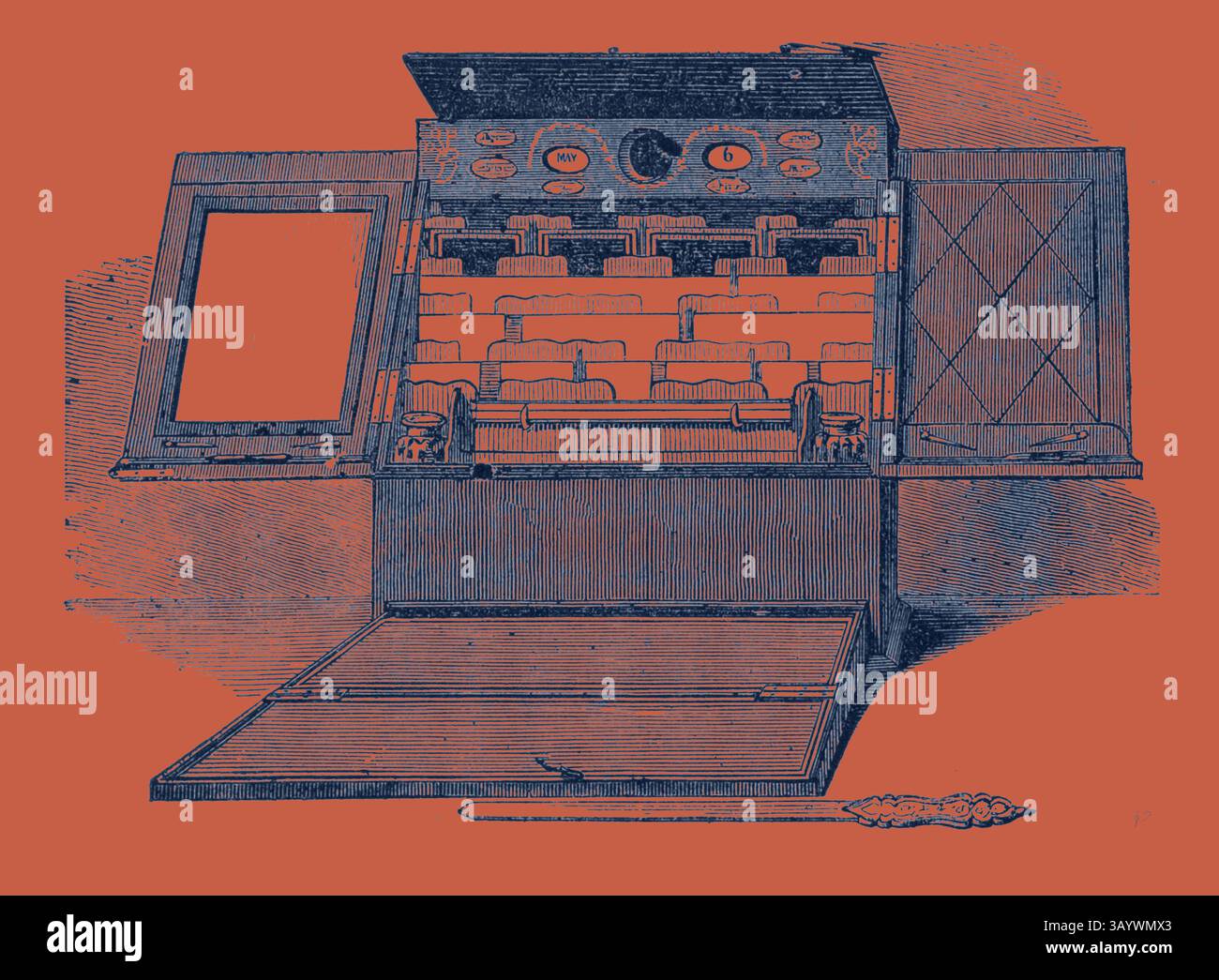 Una scatola in legno vintage ornata con scomparti, caratterizzata da design intricati e vari strumenti o strumenti ordinatamente organizzati all'interno. Il coperchio è aperto, rivelando una serie di articoli, mentre un piccolo cassetto nella parte inferiore suggerisce un ulteriore spazio di stoccaggio. Scatola di spedizione grafica classica con un tocco moderno reinventata da Artotop Foto Stock