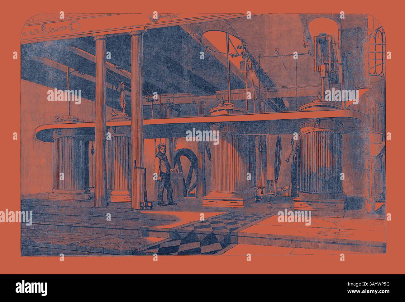Una storica scena industriale caratterizzata da grandi macchinari con colonne torreggianti, dettagli intricati e una figura in mezzo alle attrezzature, che suggerisce un vivace ambiente di produzione di un'epoca passata. Dean Mills, i quattro motori, arte classica britannica con un tocco moderno reinventata da Artotop Foto Stock