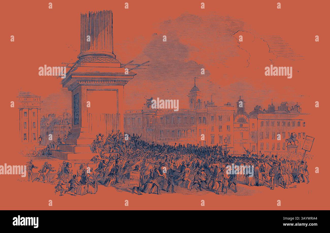 Una grande folla si raduna intorno a un monumento importante, con persone che tengono striscioni e cartelli. La scena trasmette un senso di urgenza e movimento, mentre varie figure si impegnano in proteste o celebrazioni sullo sfondo di edifici storici. M. Kossuth si rivolge alla gente di Charing Cross, Londra, UK arte classica con un tocco moderno reinventata da Artotop Foto Stock