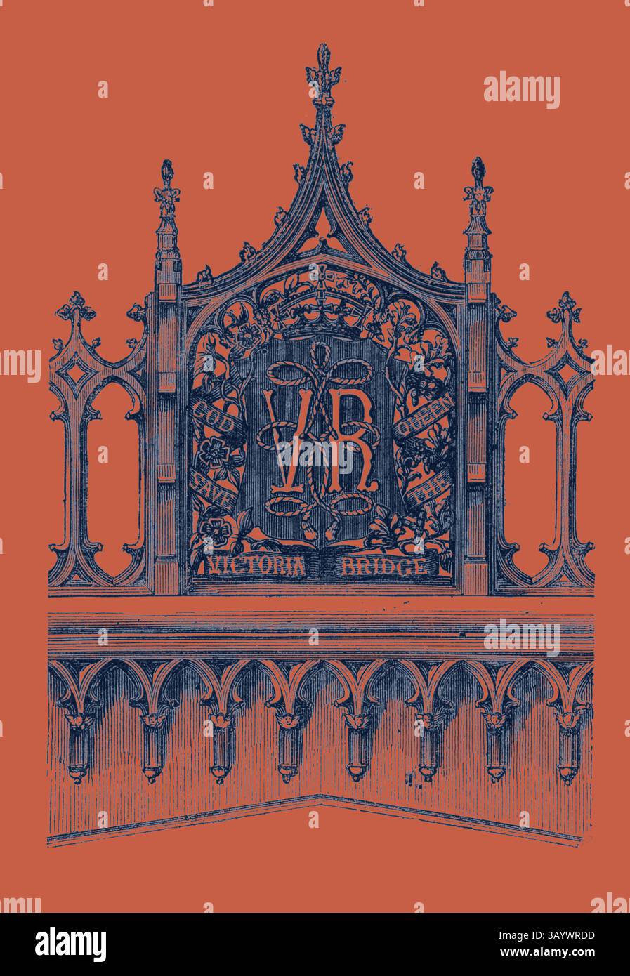 Una struttura decorativa ornata caratterizzata da intricati disegni gotici, che mostrano le iniziali "VR" e vari simboli associati al Victoria Bridge, circondati da elaborati elementi floreali e architettonici. Pannello decorativo del Victoria Bridge, Windsor, UK arte classica con un tocco moderno reinventato da Artotop Foto Stock