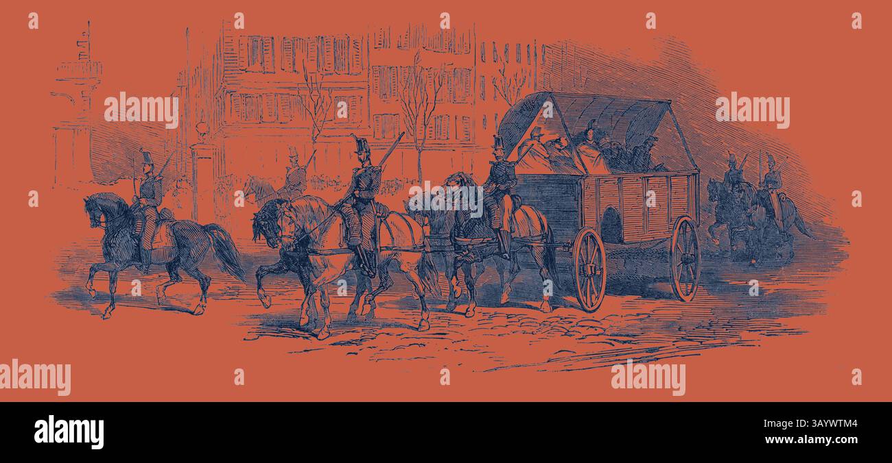 Un gruppo di soldati a cavallo accompagna una carrozza trainata da cavalli attraverso una vivace strada della città, con edifici e alberi sullo sfondo, creando una scena di importanza storica e attività. La rivoluzione in Francia: Waggon for the Wounded, 1851 arte classica con un tocco moderno reinventata da Artotop Foto Stock