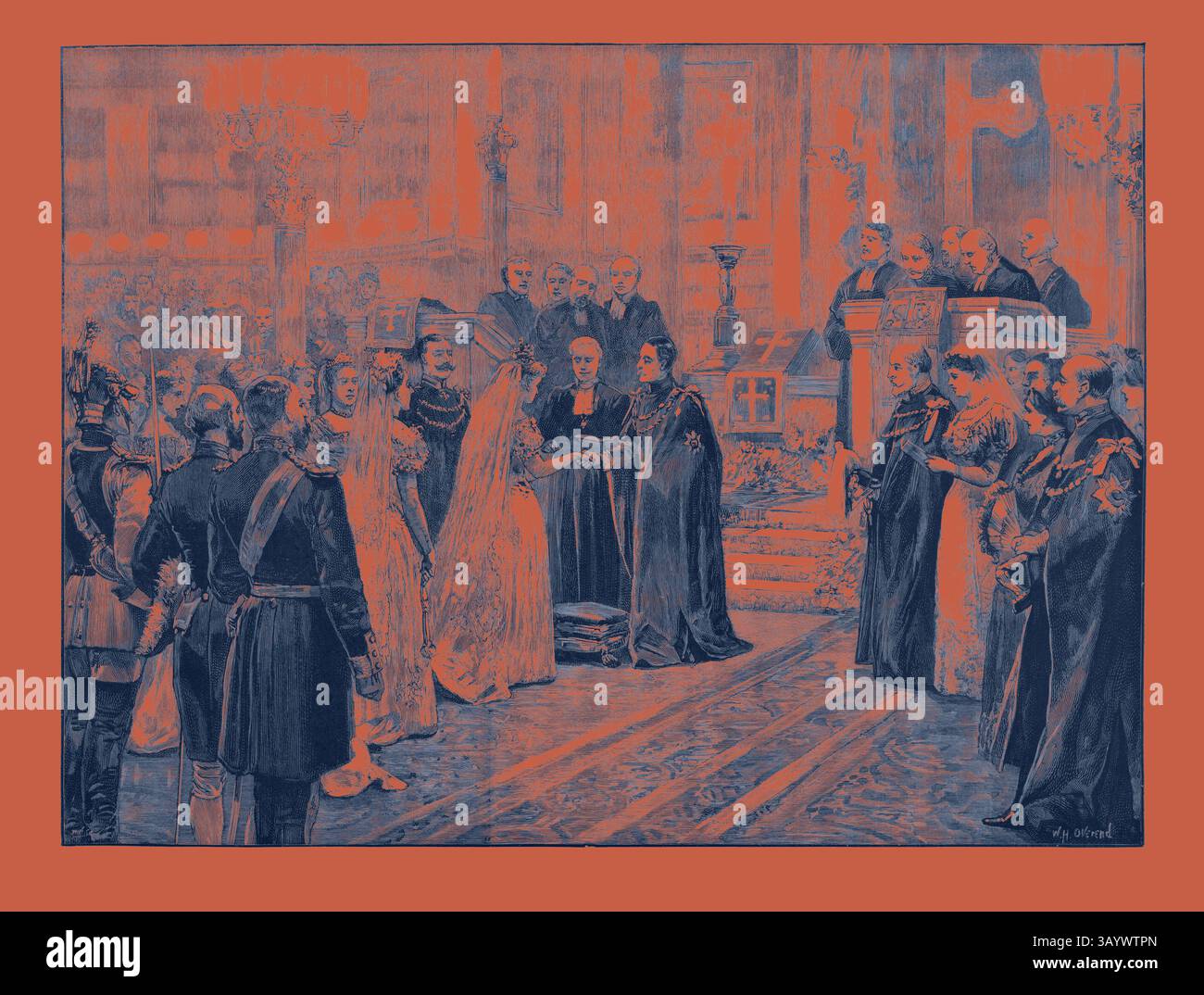 Un incontro formale raffigura dignitari e reali in un ambiente interno ornato, con individui vestiti con abiti elaborati. La scena cattura un momento di significato, forse un'occasione cerimoniale o un fidanzamento reale, circondato da spettatori in abito formale. L'atmosfera è grandiosa e importante, mettendo in risalto il contesto culturale e storico dell'evento. Il matrimonio reale a Berlino, Germania: Cerimonia nuziale nella Cappella del Palazzo reale, Principe Federico Carlo d'Assia e Principessa Margherita di Prussia, 1893, 1893 incisione di arte classica con un tocco moderno Foto Stock
