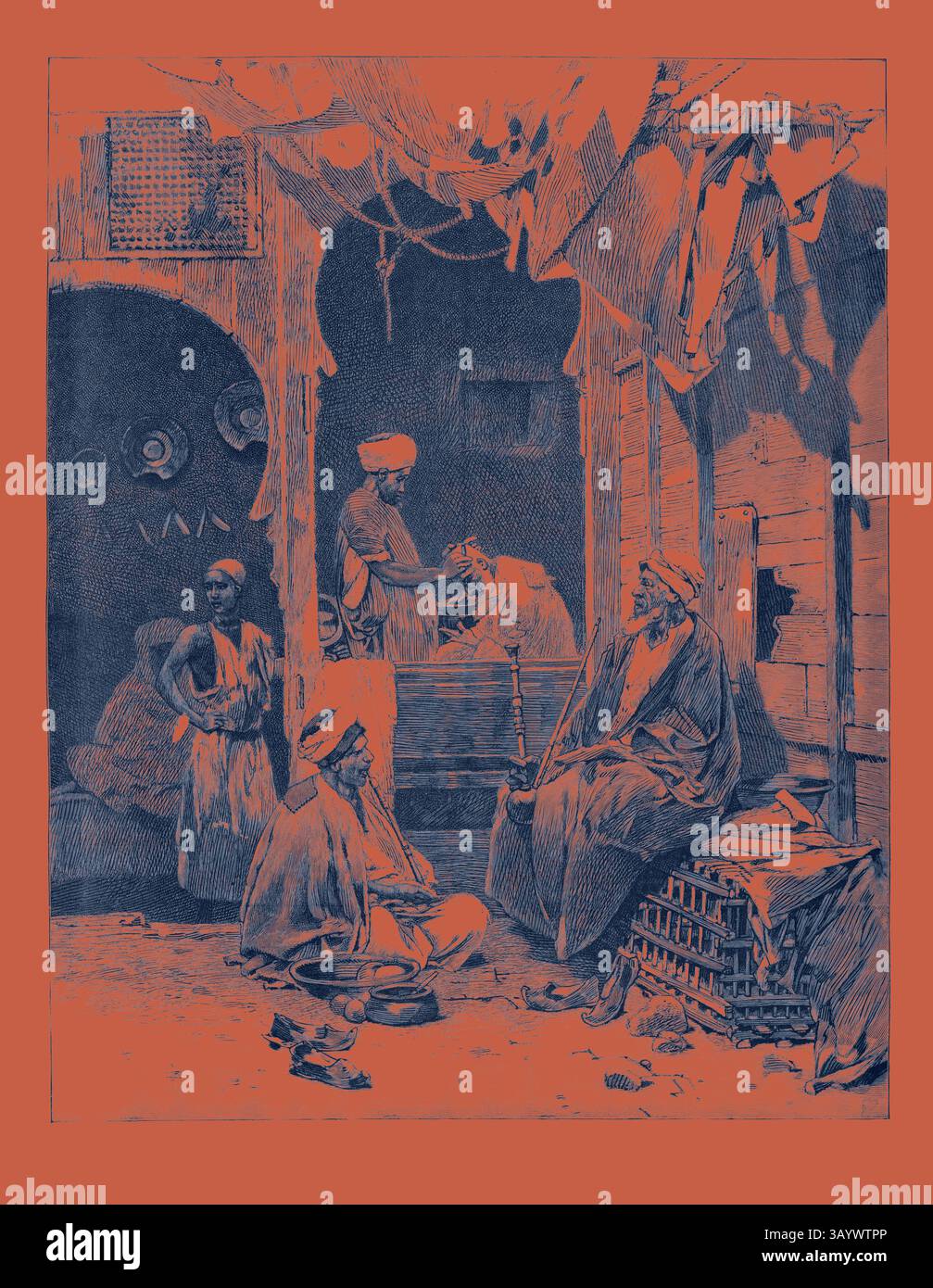 Una vivace scena di mercato con venditori e clienti, raffiguranti abbigliamento tradizionale e vita quotidiana, con particolare attenzione all'interazione e al commercio tra colori vivaci che incorniciano l'ambiente circostante. Un barbiere al Cairo: Discutere la situazione, Egitto, 1893 incisione di arte classica con un tocco moderno reinventata da Artotop Foto Stock