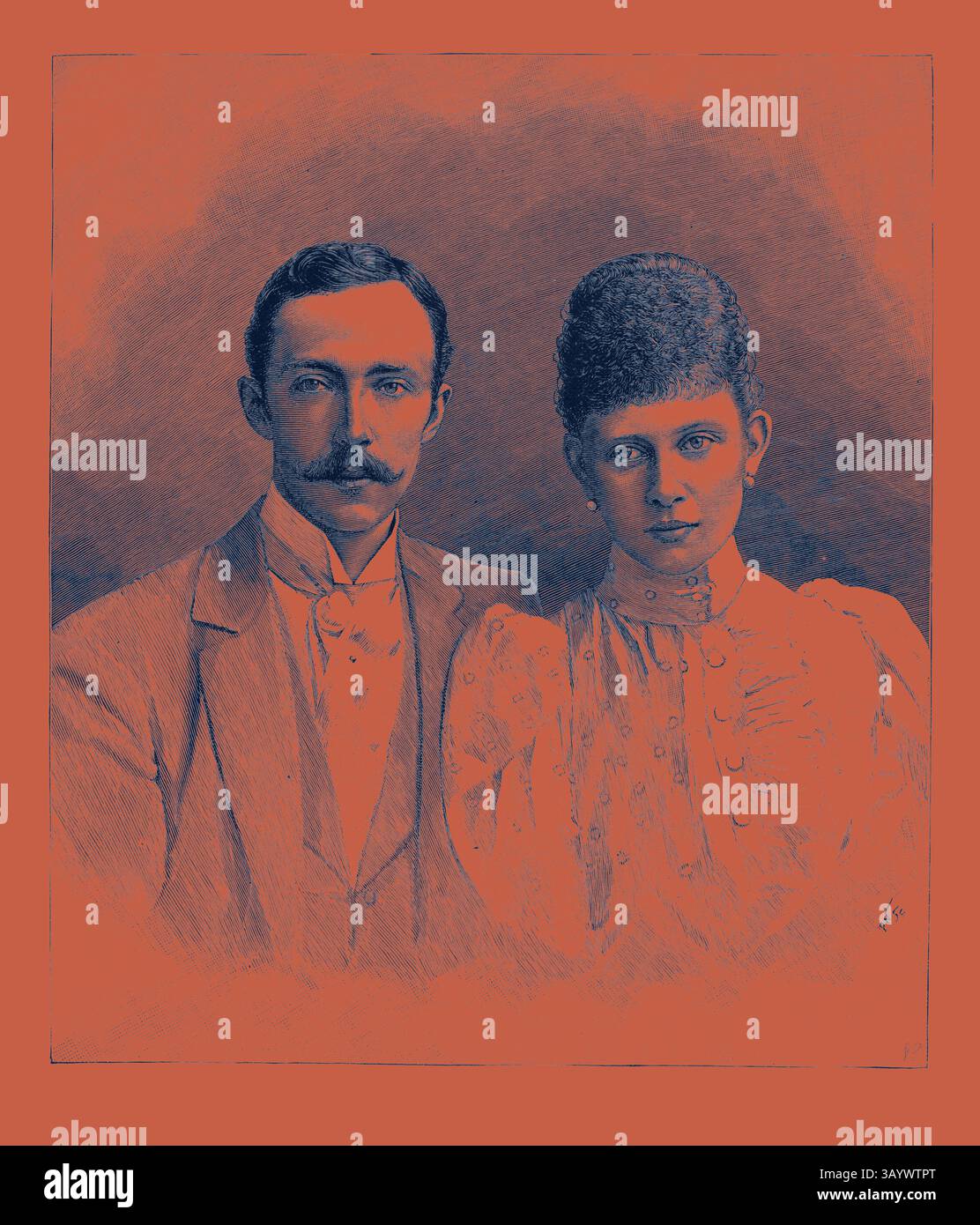 Un ritratto vintage di una coppia della fine del XIX secolo, con un uomo in abito formale con baffi e una donna che indossa una camicetta dettagliata con collo alto e capelli elaborati, entrambi guardano direttamente allo spettatore con un'espressione solenne. Matrimonio reale a Berlino, Germania: Il principe Federico Carlo d'Assia e la principessa Margherita di Prussia, 1893 arte classica con un tocco moderno reinventata da Artotop Foto Stock