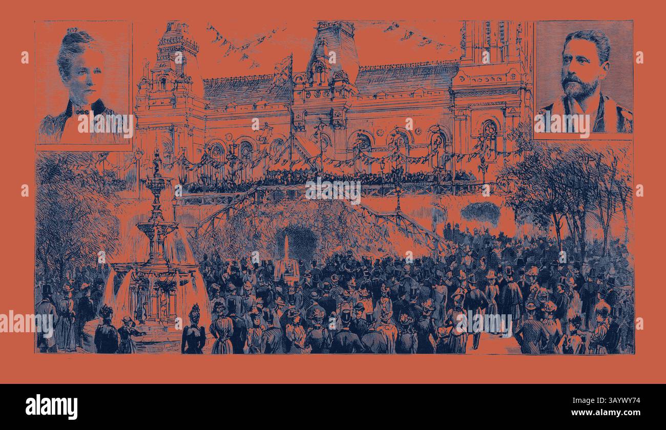 Una scena storica che raffigura una grande folla riunita di fronte a un edificio ornato, per celebrare un evento significativo. Due ritratti di individui affiancano la scena, mentre decorazioni festose e striscioni adornano l'ambiente circostante, catturando un momento di comunità e gioia. La celebrazione del centesimo compleanno di Southport: Il conte di Lathom che consegna il suo discorso alla cerimonia di apertura della Centenary Exhibition of Art, in alto a sinistra e a destra sono raffigurati la Mayoress e il sindaco, Regno Unito, 1892 incisione di arte classica con un tocco moderno reinventato da Artotop Foto Stock