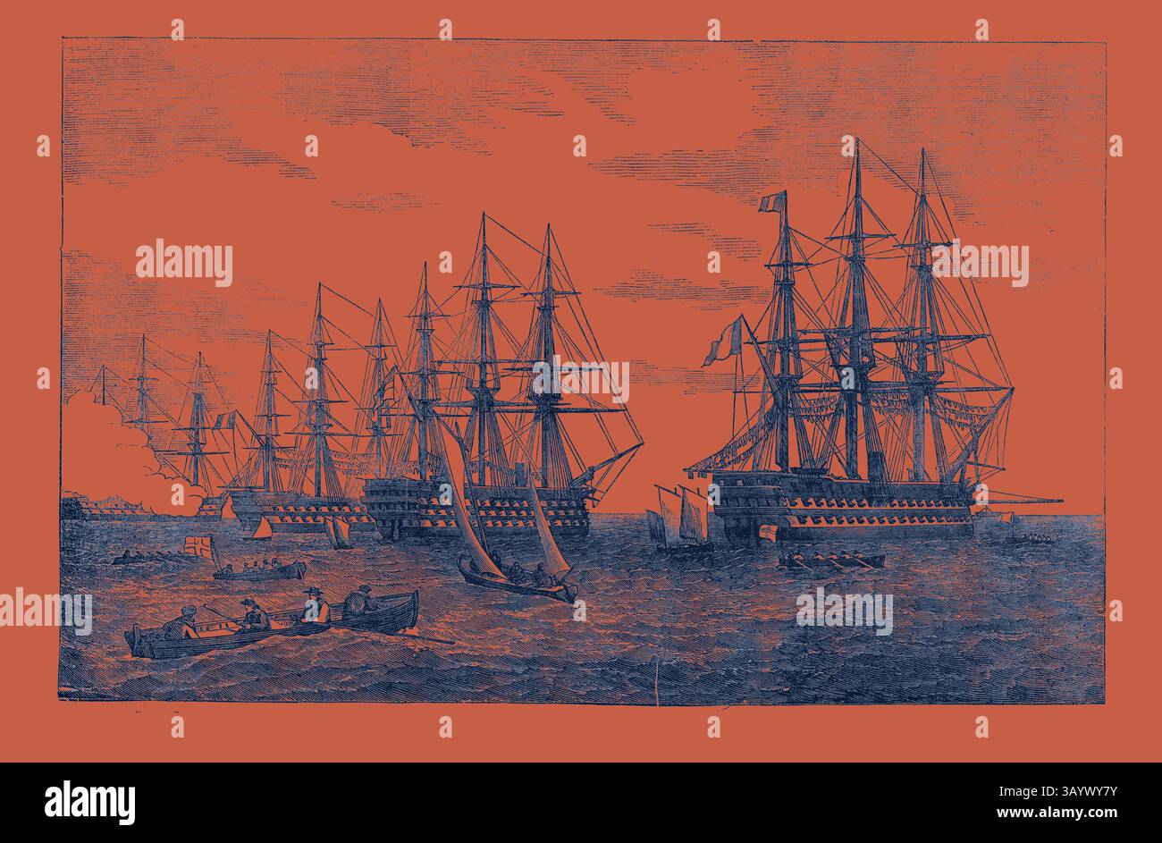 Una flotta di maestose navi naviga sull'acqua, accompagnate da imbarcazioni più piccole, mentre un pennacchio di fumo sale in lontananza. La scena è piena di dettagli e vele, che trasmettono un senso di potenza navale e avventura marittima. Parte della flotta del Baltico al largo di Cronstadt, da a Sketch di J. W. Carmichael arte classica con un tocco moderno reinventata da Artotop Foto Stock