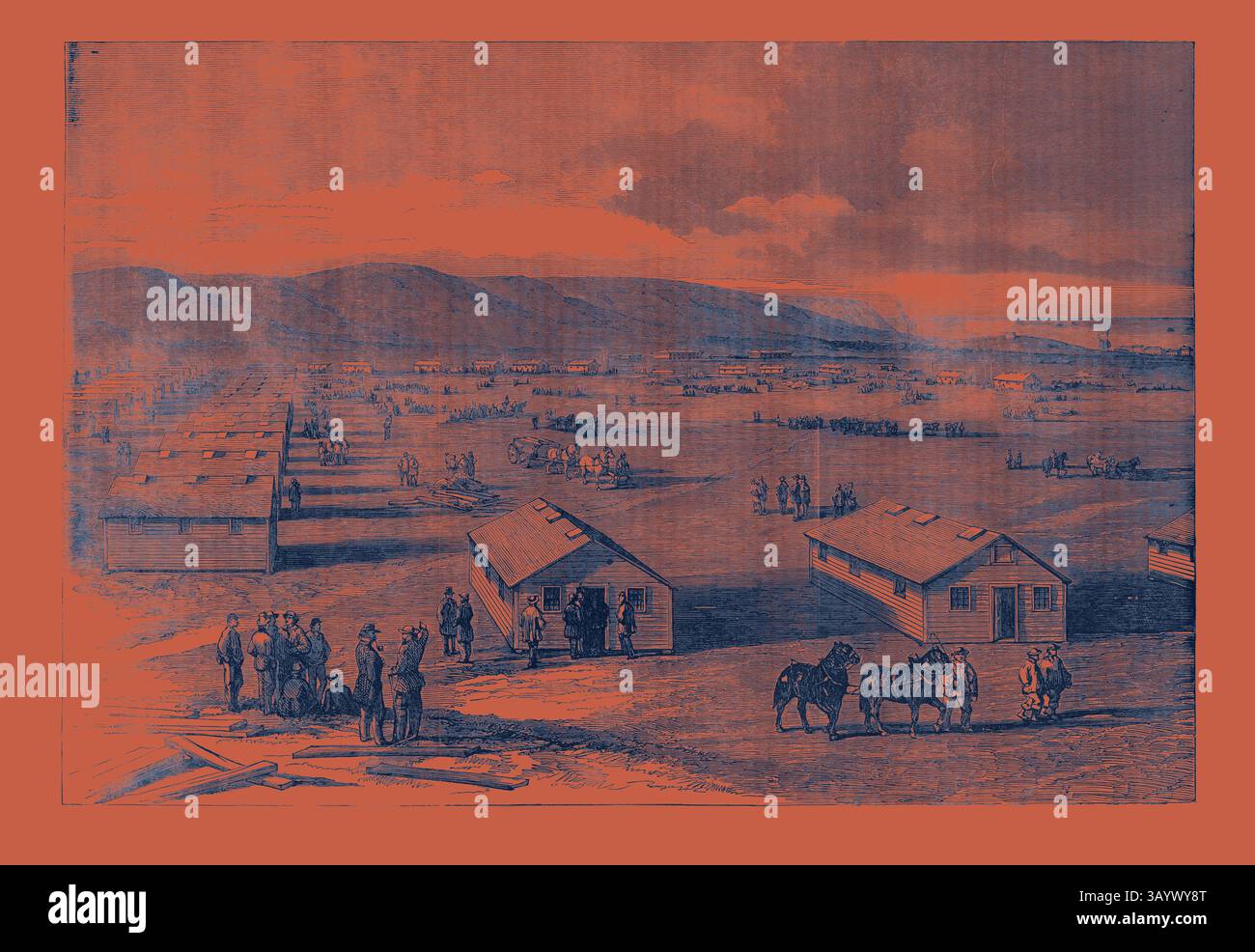 Un vivace scenario di insediamento caratterizzato da edifici rustici e gruppi di persone impegnate in varie attività, con cavalli in primo piano e montagne lontane che valorizzano l'ampio paesaggio. The Camp at Shorncliffe arte classica con un tocco moderno reinventato da Artotop Foto Stock