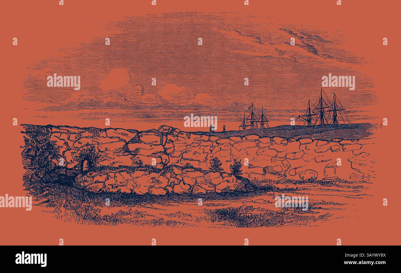 Un tranquillo paesaggio costiero caratterizzato da una costa rocciosa con dolci colline sullo sfondo. In lontananza, le navi a vela scivolano attraverso l'orizzonte, mentre in primo piano si presenta un'aspra parete di pietra adornata da piccole piante. Il cielo è ampio con nuvole sottili, che esaltano l'atmosfera tranquilla. Tomba del capitano Christie, cimitero degli ufficiali, arte classica di Balaclava con un tocco moderno reinventata da Artotop Foto Stock