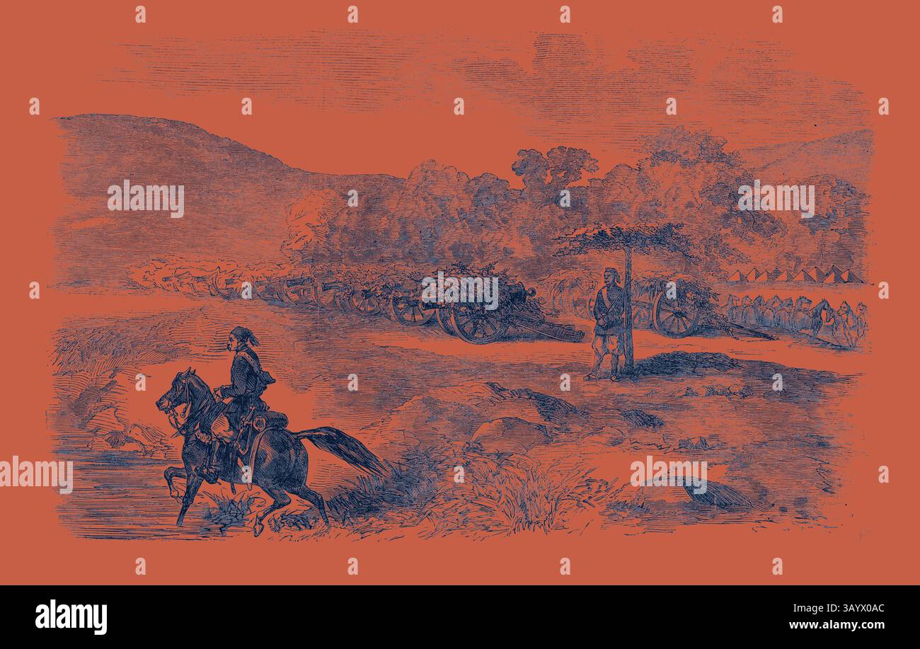 Una figura a cavallo domina un paesaggio, con una carovana di artiglieria trainata da cavalli adagiata su colline ondulate e accampamenti sullo sfondo. La scena trasmette un senso di preparazione militare e significato storico. Schizzi in Crimea, Valle della Vorutzia: Batterie turche che comandano la strada di Woronzow arte classica con un tocco moderno reinventato da Artotop Foto Stock