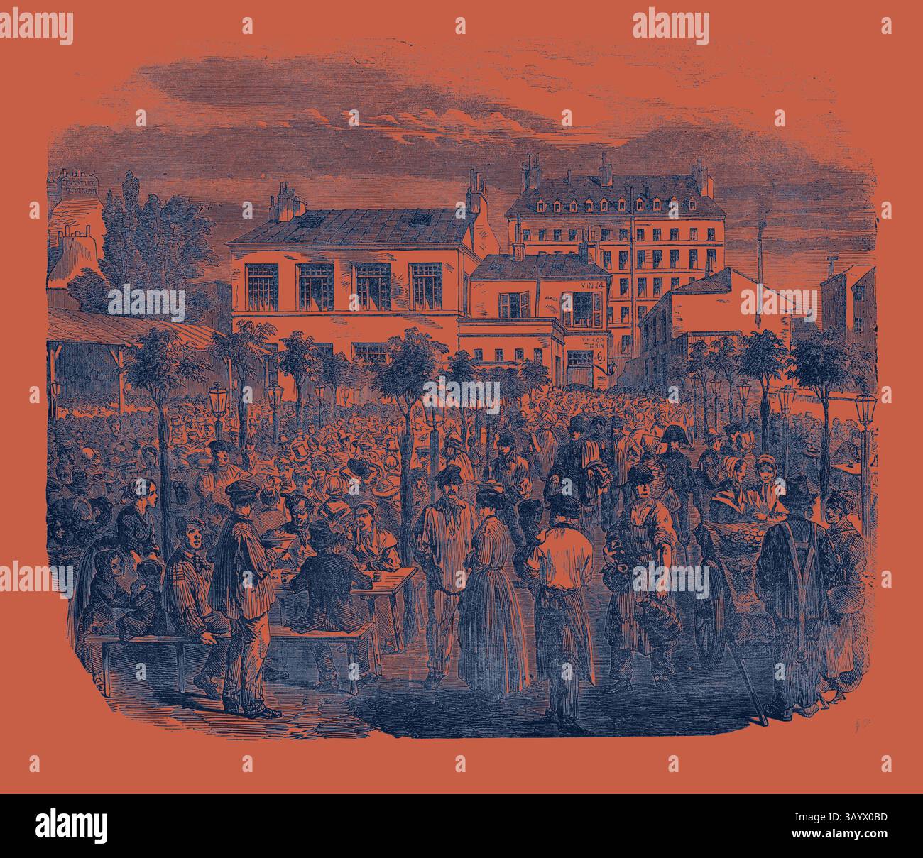 Una vivace scena di strada piena di una folla diversificata impegnata in varie attività, circondata da edifici e alberi sotto un cielo spettacolare. Divertimenti popolari di Parigi: L'arte classica parigina della California con un tocco moderno reinventata da Artotop Foto Stock