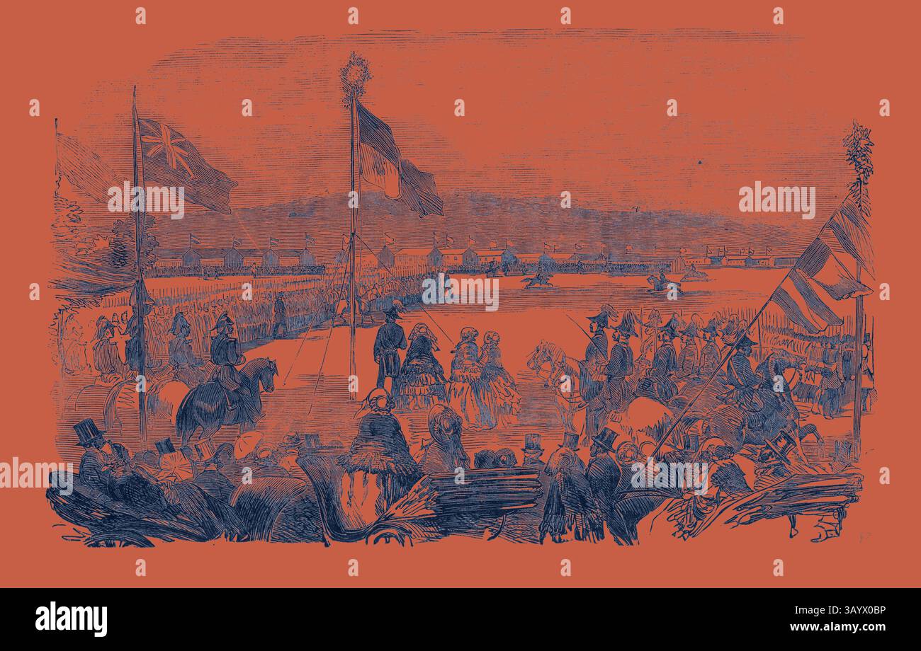 Una scena storica che raffigura una folla riunita per una celebrazione, con varie bandiere, cavalli e figure elegantemente vestite in mezzo a uno sfondo di tende e festeggiamenti. Recensione della Legione straniera di sua Maestà, a Shorncliffe, 18 agosto 1855 Arte classica con un tocco moderno reinventata da Artotop Foto Stock
