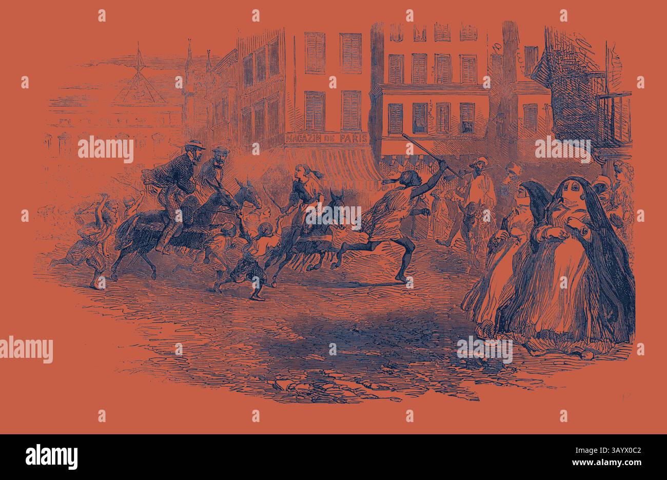 Una vivace scena di strada cattura un momento di caos, dove figure a cavallo e cittadini in fuga trasmettono un senso di urgenza ed eccitazione. Sullo sfondo, gli edifici creano un'atmosfera urbana vivace, mentre gruppi di spettatori si aggiungono all'azione dinamica che si svolge in primo piano. Corse di asini ad Alexandria. Arte classica con un tocco moderno reinventata da Artotop Foto Stock