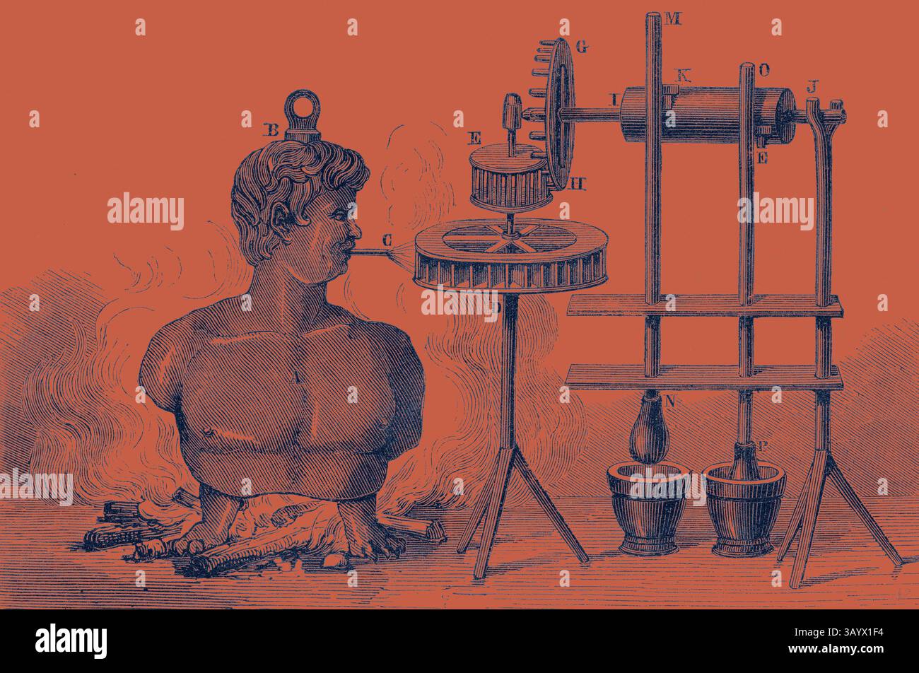Un elaborato dispositivo meccanico caratterizzato da un busto muscolare che espira fumo, circondato da vari strumenti e strutture scientifiche, che illustra una miscela di arte e tecnologia. L'arte classica Aeolipile di Branca con un tocco moderno reinventata da Artotop Foto Stock