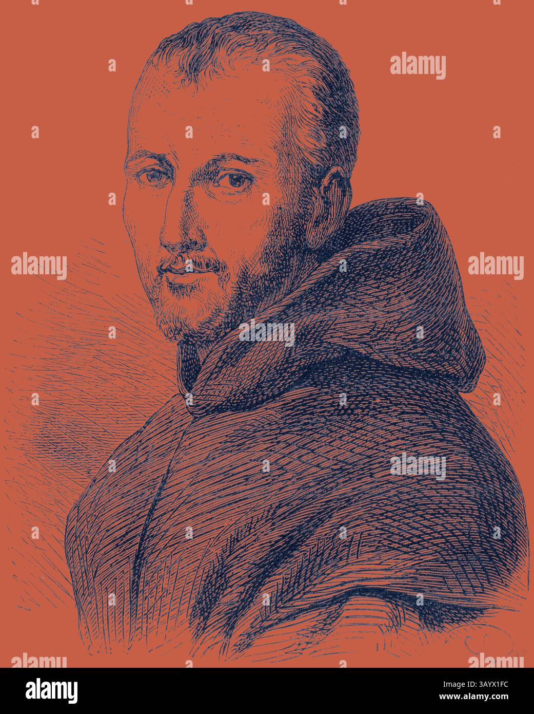 Un uomo con un indumento incappucciato guarda lo spettatore, con un'espressione attenta e dettagli del viso. Le linee intricate catturano il suo comportamento sicuro di sé e le pieghe dei suoi abiti in modo elegante. Padre Mersenne arte classica con un tocco moderno reinventata da Artotop Foto Stock