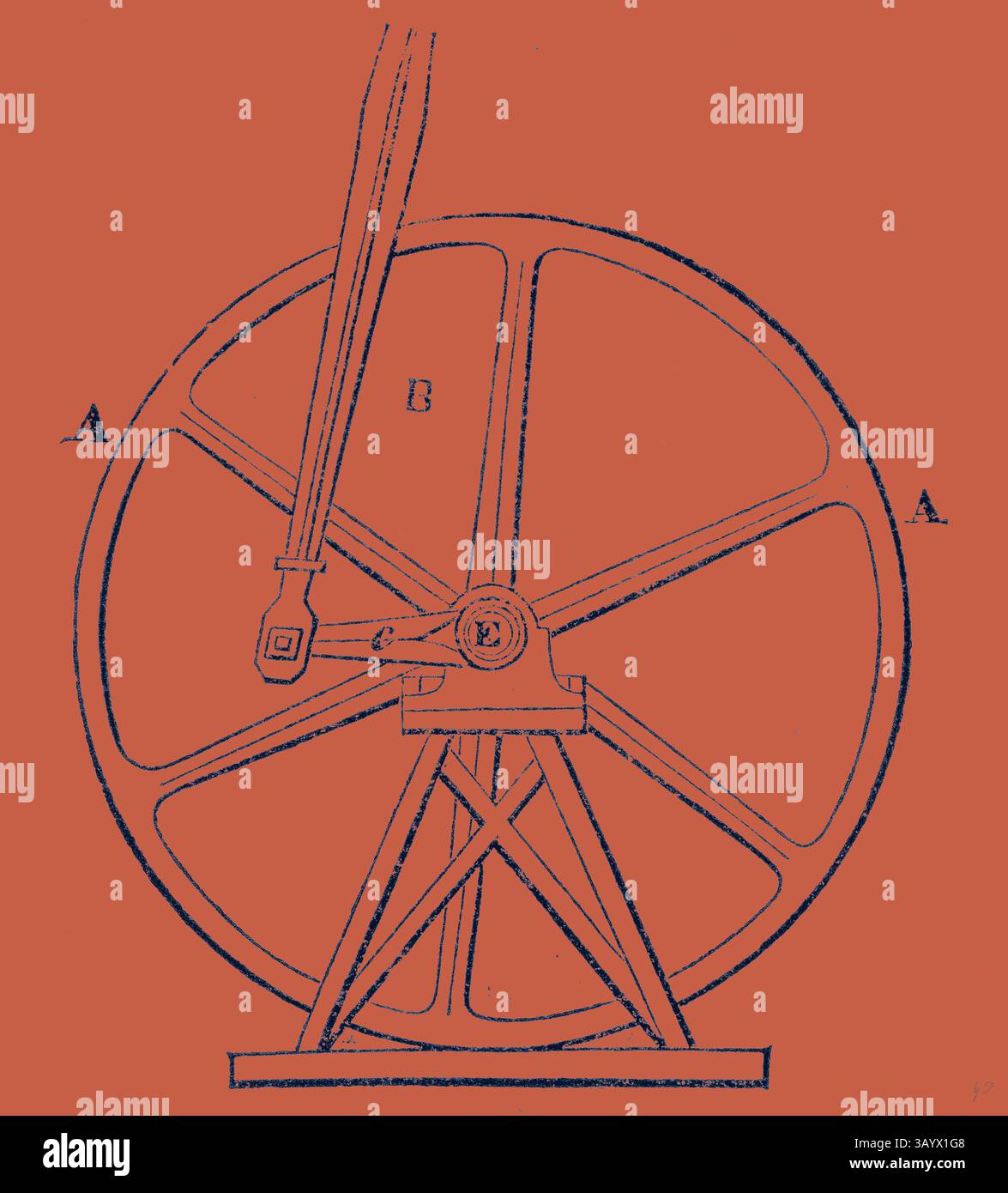 Un'illustrazione di una ruota grande collegata a una leva, che mostra i componenti meccanici e le parti etichettate per maggiore chiarezza nel design e nel funzionamento. Fai girare la manovella per la trasformazione del movimento del Piston Classic art con un tocco moderno reinventato da Artotop Foto Stock