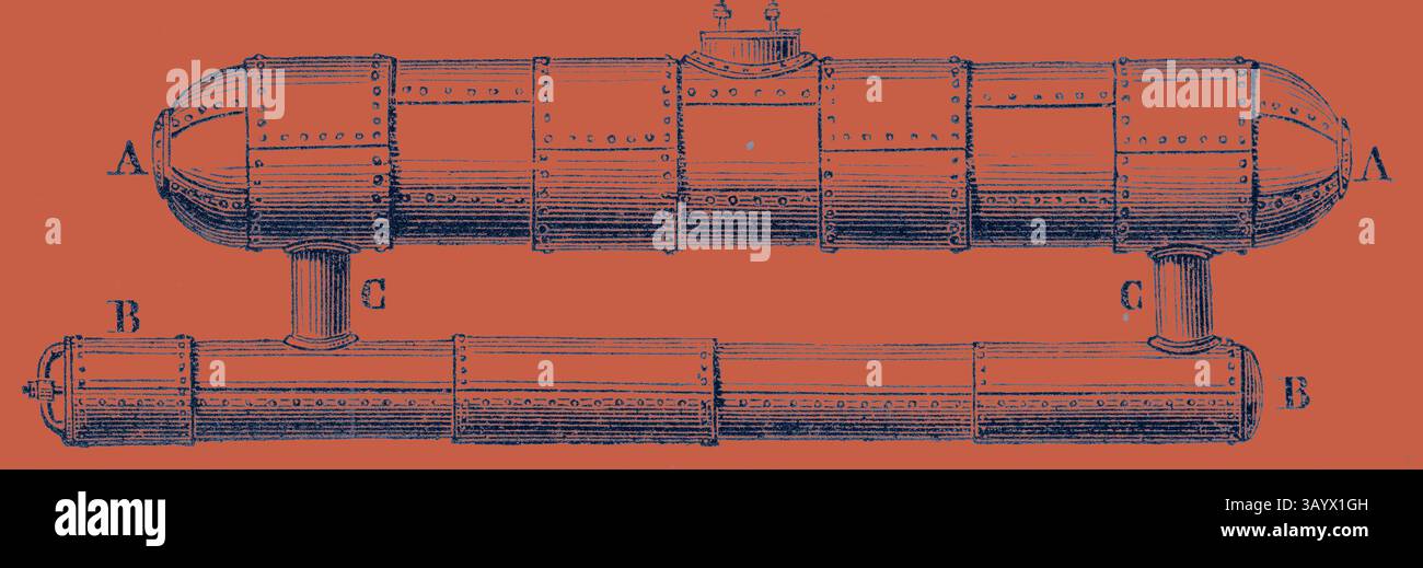 Un'illustrazione dettagliata del design di un sottomarino con sezioni cilindriche, cappucci terminali e cuciture multiple, che mostra la sua progettazione con componenti etichettati come riferimento. Boiler's Furnace Classic art con un tocco moderno reinventato da Artotop Foto Stock