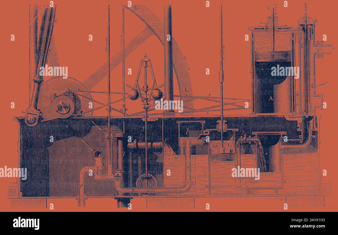 Un'intricata illustrazione di un motore a vapore, che mostra il suo complesso sistema di ingranaggi, pulegge e tubi, mettendo in evidenza la meraviglia ingegneristica dell'era industriale. Sezione trasversale della macchina a condensazione o macchina a bassa pressione di Watt arte classica con un tocco moderno reinventato da Artotop Foto Stock
