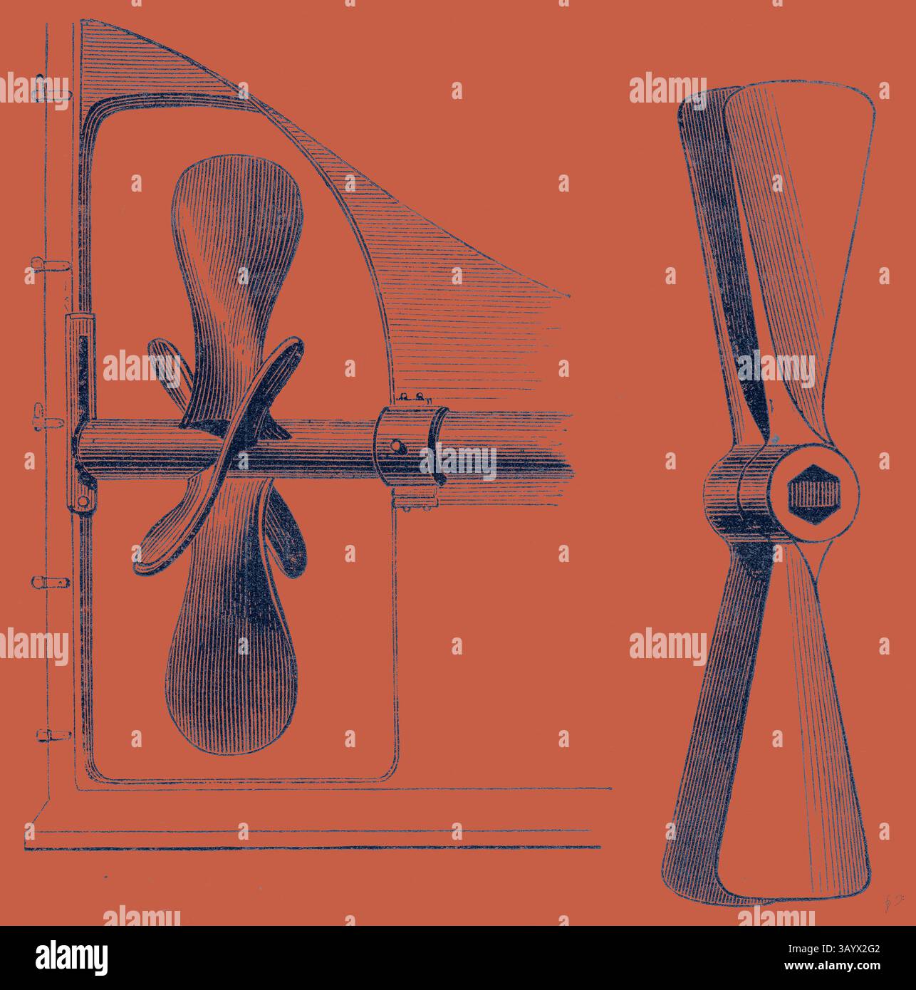 Un'illustrazione che mostra il design di un'elica, evidenziando le sue lame eleganti e i componenti complessi. La giustapposizione enfatizza sia i dettagli tecnici che la curvatura estetica della forma dell'elica. Tipi di opere d'arte Propeller Classic con un tocco moderno reinventate da Artotop Foto Stock