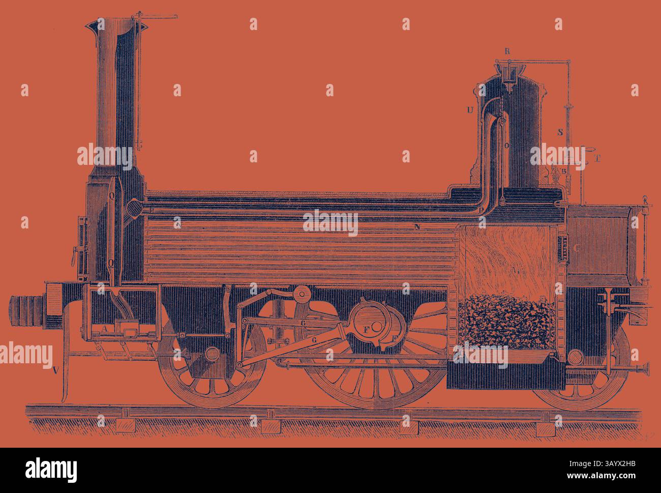 Un'illustrazione tecnica dettagliata di una locomotiva a vapore, che mostra i suoi componenti complessi, tra cui il camino, le ruote e il tender del carbone, su uno sfondo contrastante. Sezione trasversale di una locomotiva che mostra come viene distribuito Steam arte classica con un tocco moderno reinventata da Artotop Foto Stock