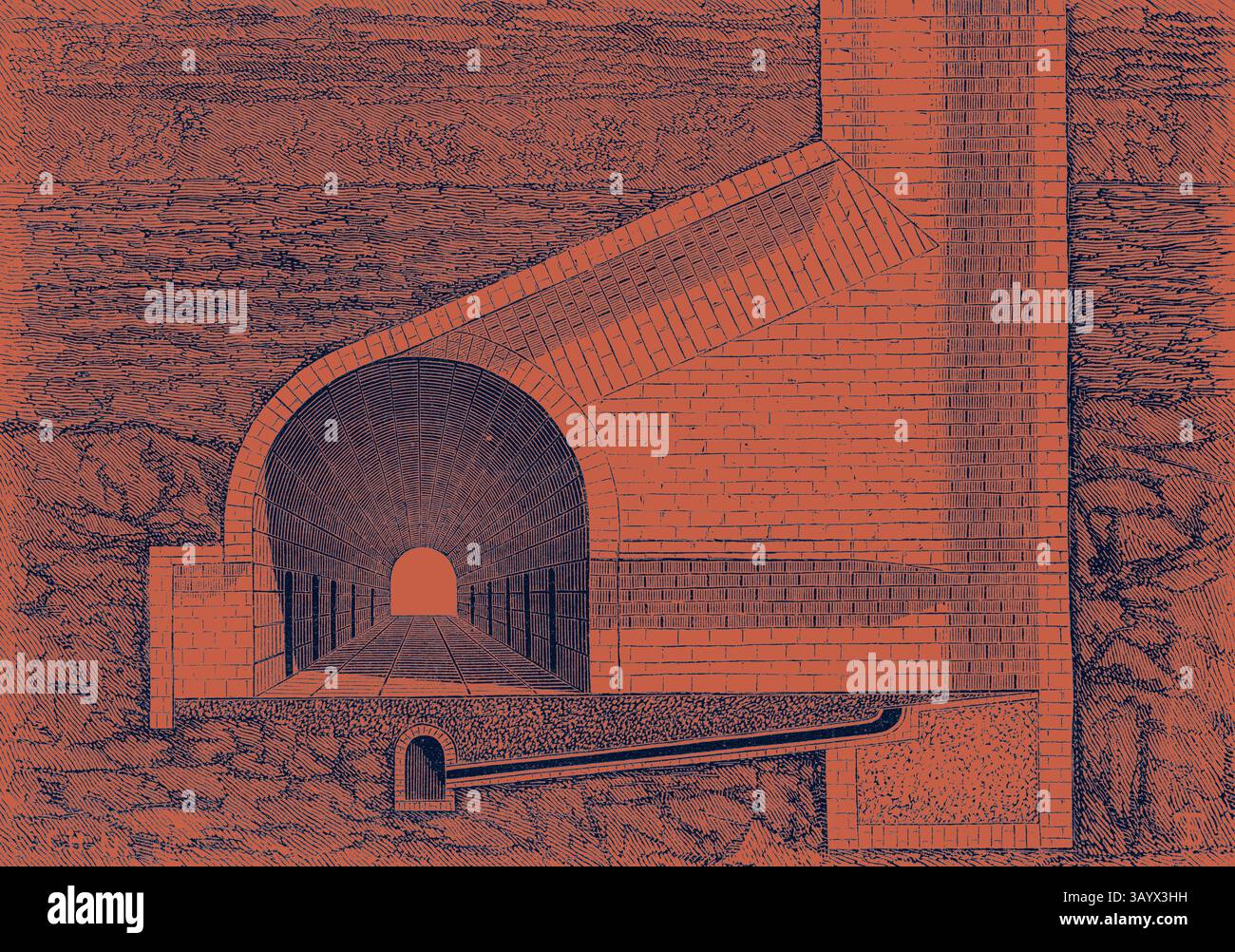 Un'illustrazione stilizzata raffigura un'ampia struttura architettonica con un ingresso ad arco, intricati mattoni e un tetto curvo, adagiato su uno sfondo testurizzato. Il design suggerisce una miscela di elementi industriali e naturali, evidenziando profondità e simmetria all'interno del framework. Sezione trasversale di un tunnel con albero di ventilazione Arte classica con un tocco moderno reinventata da Artotop Foto Stock