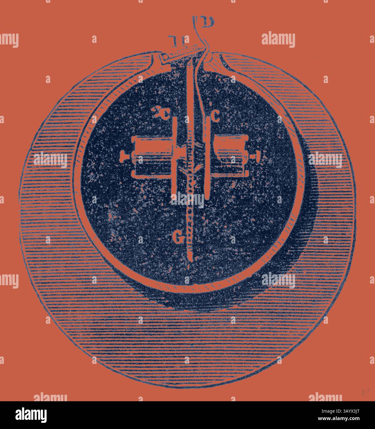 Un'illustrazione complessa di un dispositivo meccanico, con un design circolare con componenti etichettati e un meccanismo centrale, che enfatizza l'interazione tra ingranaggi e cablaggio. Sezione trasversale dell'interno dell'suggestiva arte Tube Classic con un tocco moderno reinventato da Artotop Foto Stock