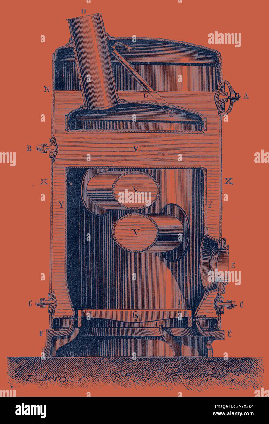 Un'illustrazione dettagliata di una macchina d'epoca, che mostra i suoi componenti interni, compresi tubi e valvole, evidenziata su uno sfondo contrastante. Cross Section of the Hearth e Crossed Boiler Reboiler di M. Hermann-Lachapelle Industrial Traction Engine Classic art con un tocco moderno reinventato da Artotop Foto Stock