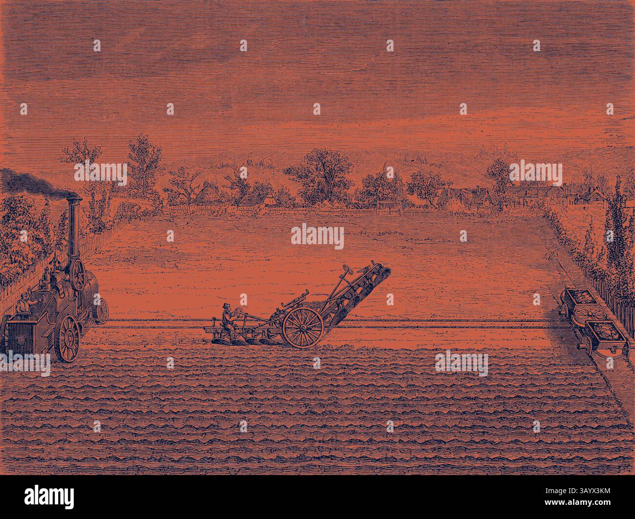 Una macchina alimentata a vapore coltiva un campo esteso, con un lavoratore che lo guida mentre crea solchi nella terra, circondati da alberi e da un paesaggio aperto. Aratura a vapore arte classica con un tocco moderno reinventato da Artotop Foto Stock