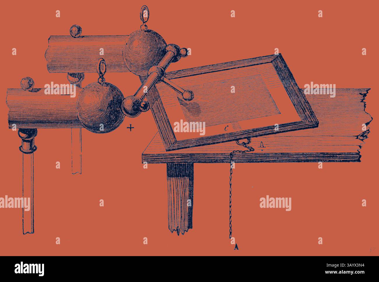 Un'intricata illustrazione con un apparato scientifico con elementi sferici e una cornice rettangolare posizionata su una superficie in legno, che mette in risalto una miscela di forme geometriche e componenti meccanici in uno stile vintage. Electric Tile Classic art con un tocco moderno reinventato da Artotop Foto Stock